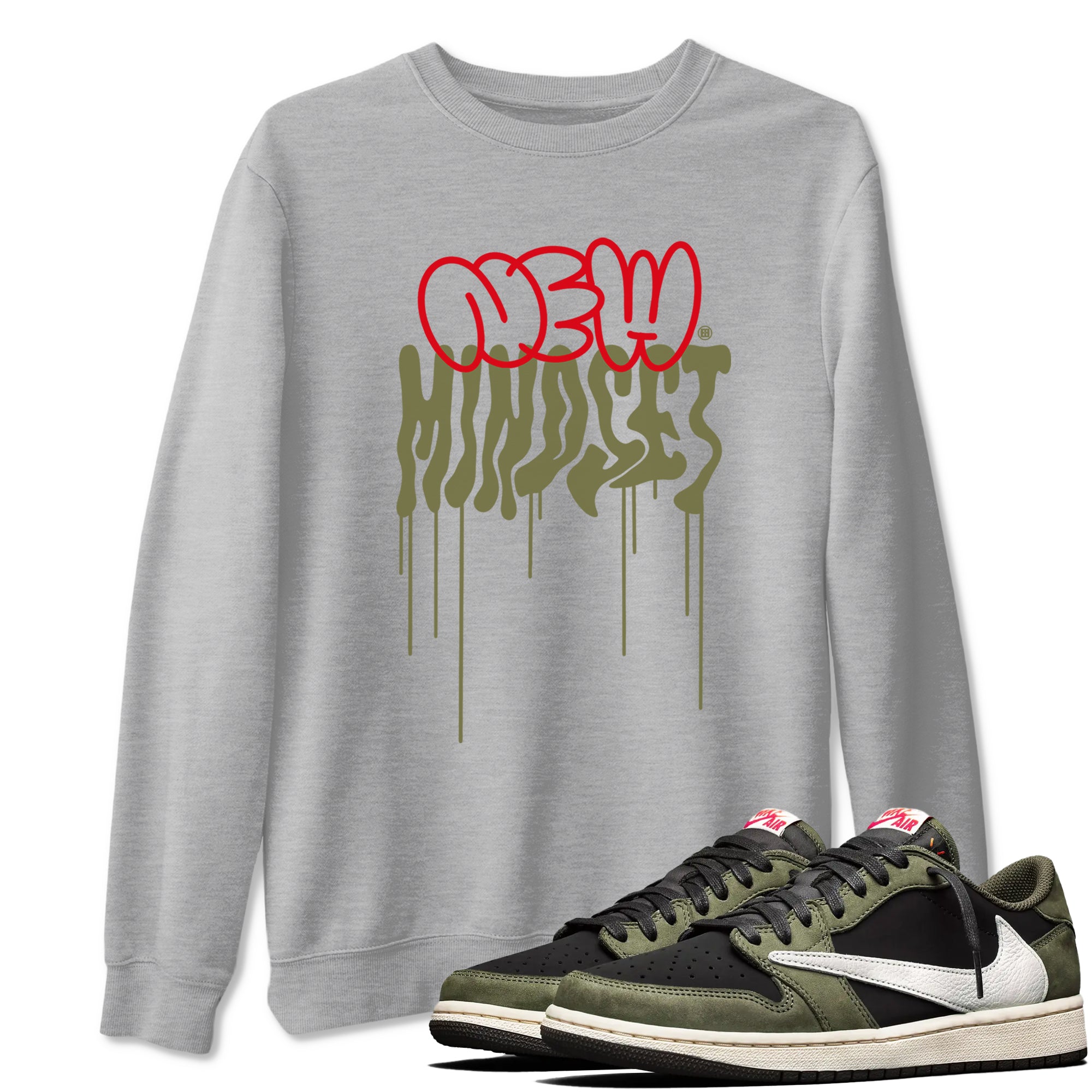 Air Jordan 1 Low Travis Scott Black Olive shirts to match jordans New Mindset sneaker match tees Air Jordan 1 Travis Scott Black Olive Sneaker Shirts Drip Gear Zone streetwear brand Heather Grey 1 unisex cotton tee