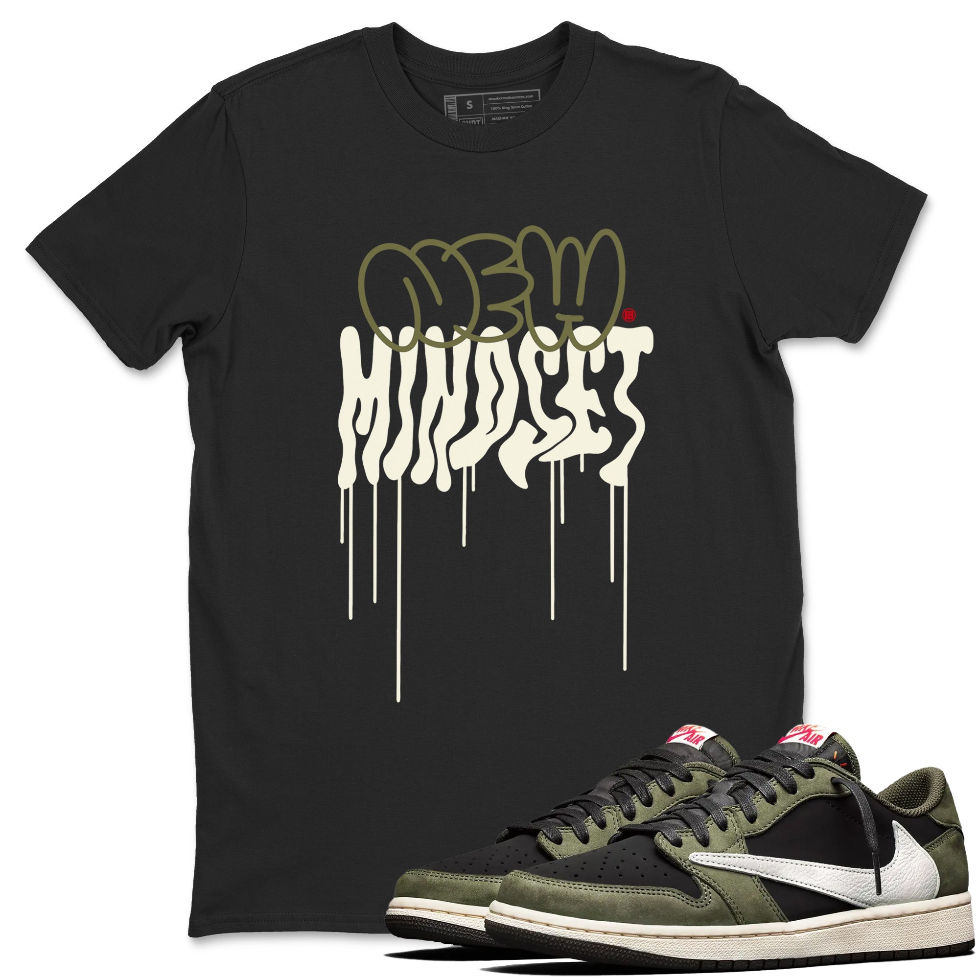 Air Jordan 1 Low Travis Scott Black Olive shirts to match jordans New Mindset sneaker match tees Air Jordan 1 Travis Scott Black Olive Sneaker Shirts Drip Gear Zone streetwear brand Black 1 unisex cotton tee