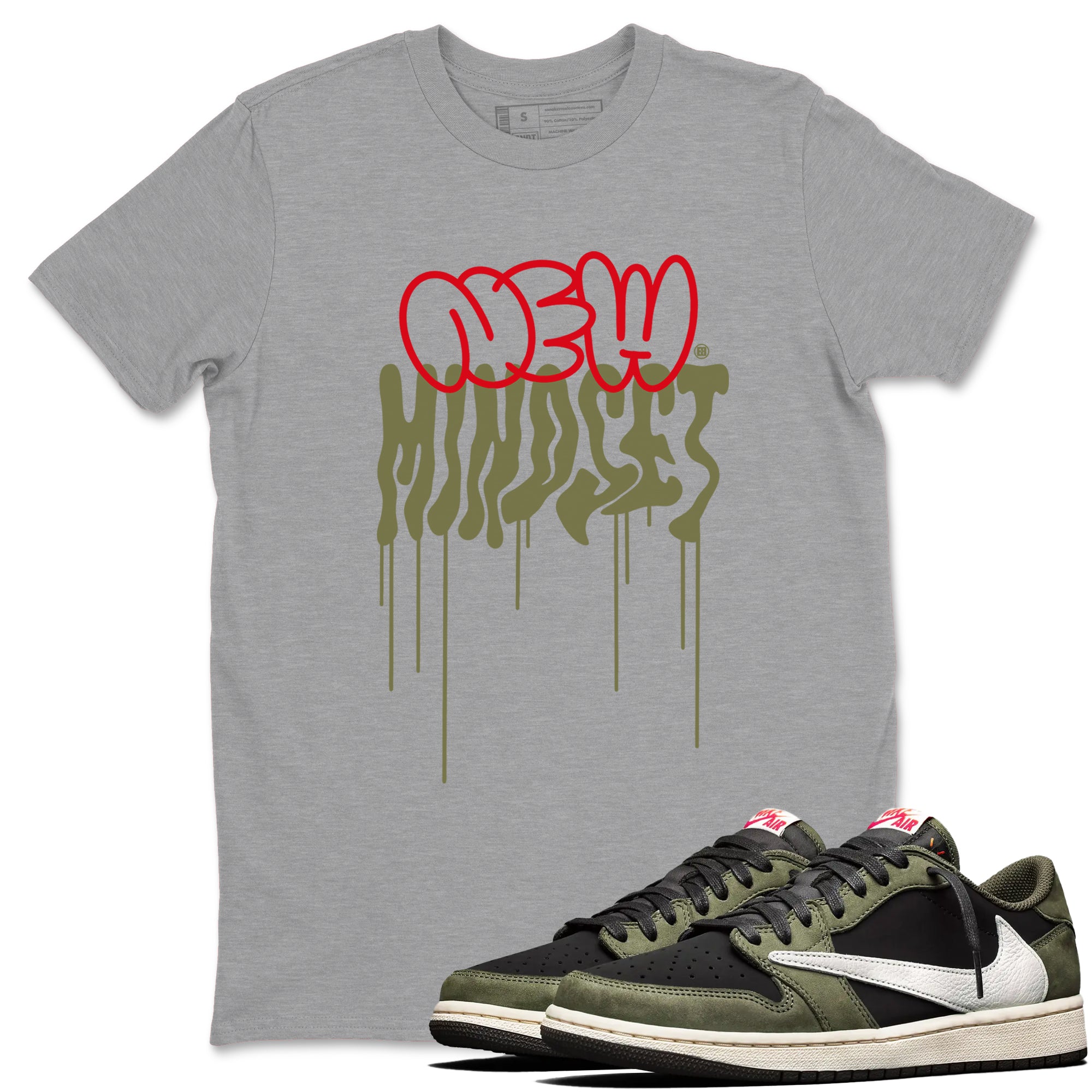 Air Jordan 1 Low Travis Scott Black Olive shirts to match jordans New Mindset sneaker match tees Air Jordan 1 Travis Scott Black Olive Sneaker Shirts Drip Gear Zone streetwear brand Heather Grey 1 unisex cotton tee