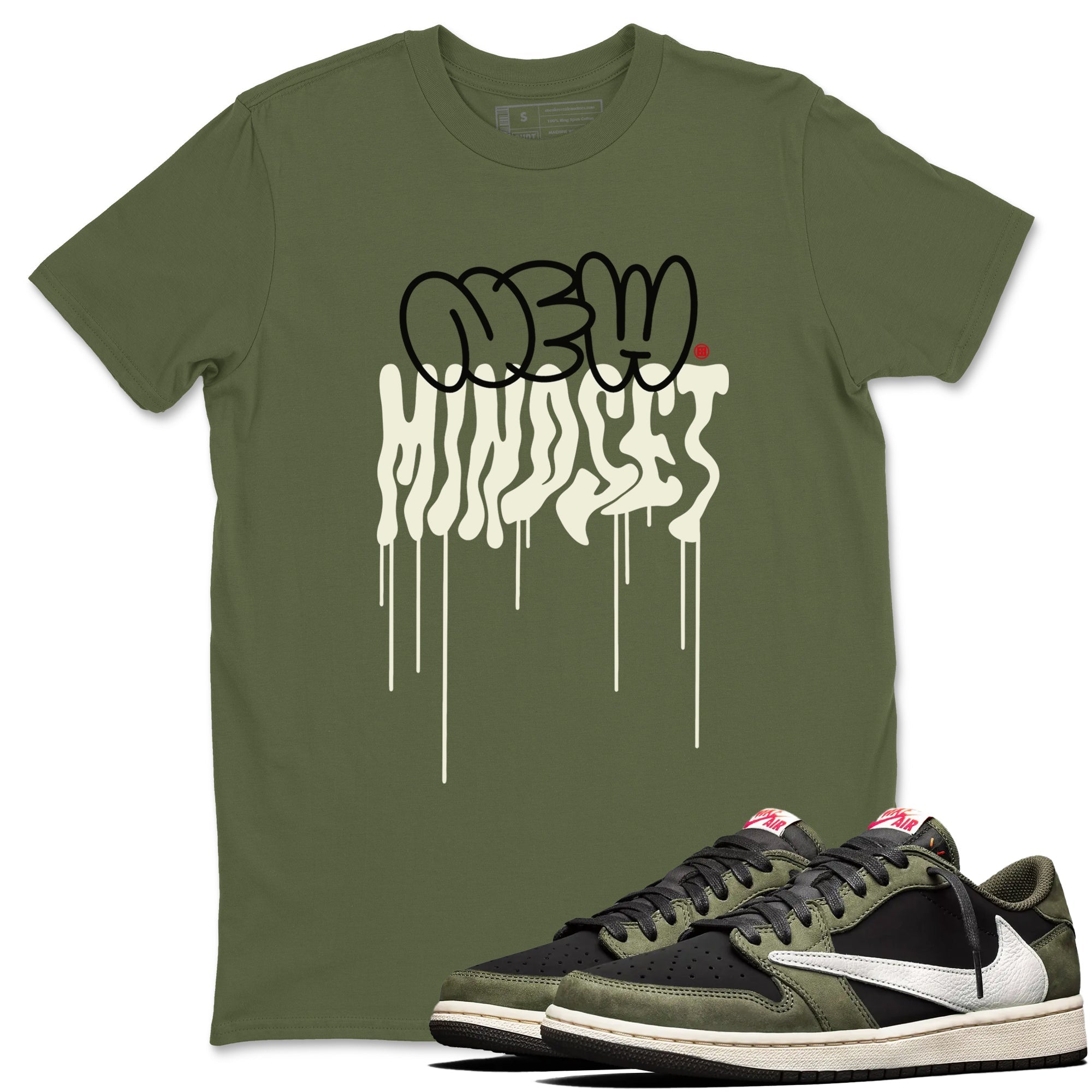 Air Jordan 1 Low Travis Scott Black Olive shirts to match jordans New Mindset sneaker match tees Air Jordan 1 Travis Scott Black Olive Sneaker Shirts Drip Gear Zone streetwear brand Military Green 1 unisex cotton tee