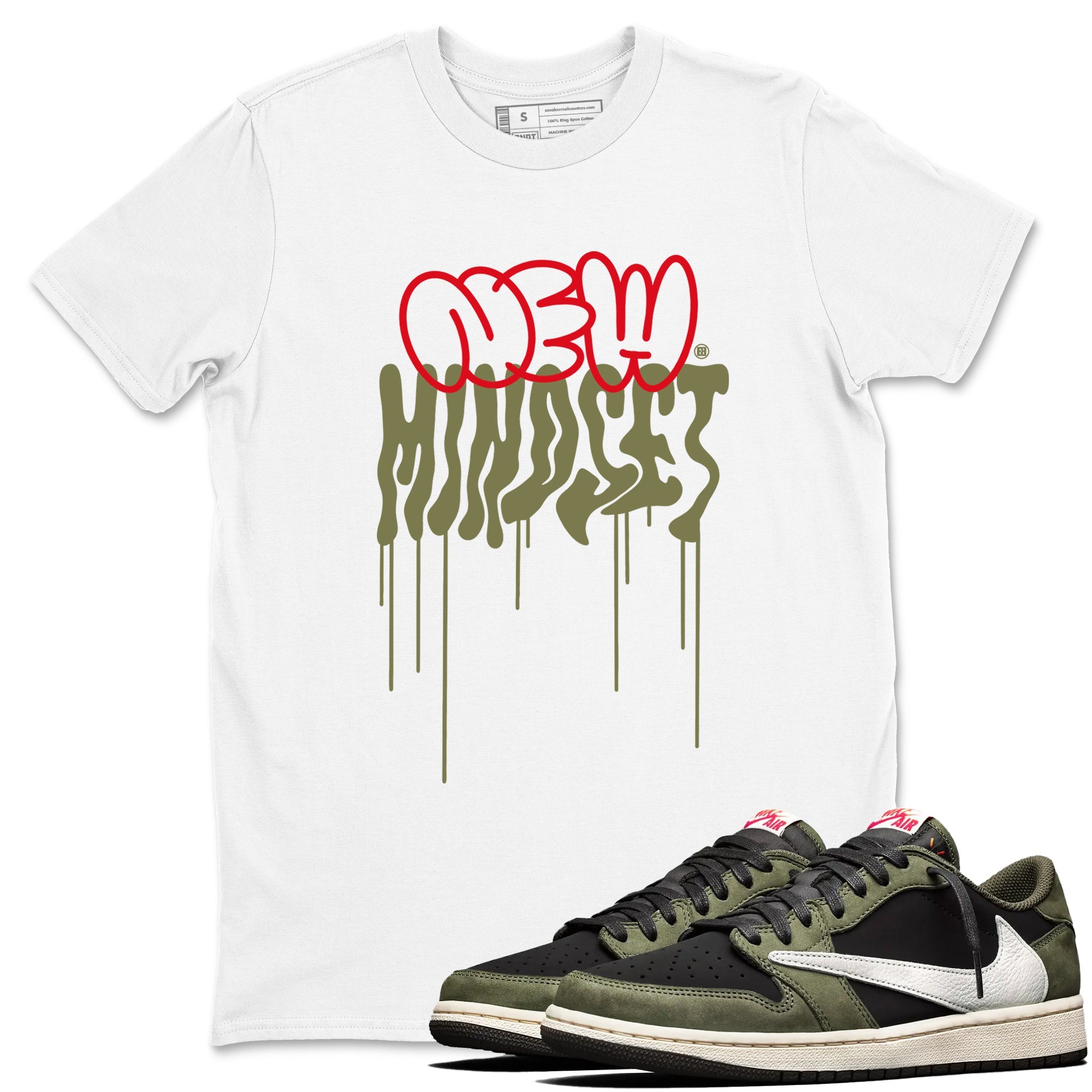 Air Jordan 1 Low Travis Scott Black Olive shirts to match jordans New Mindset sneaker match tees Air Jordan 1 Travis Scott Black Olive Sneaker Shirts Drip Gear Zone streetwear brand White 1 unisex cotton tee