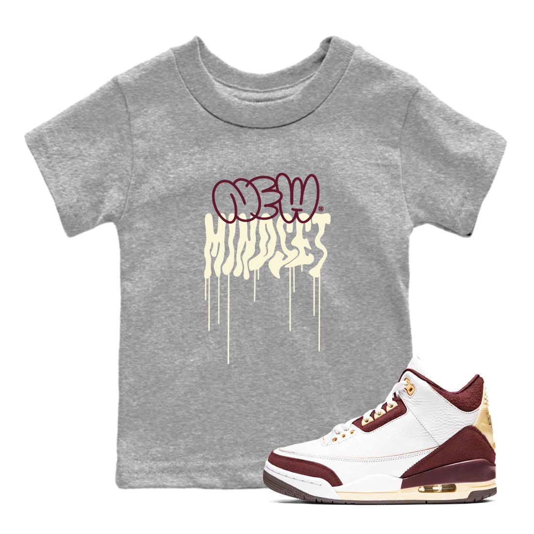 Air Jordan 3 A Ma Maniere x Burgundy Crush shirts to match jordans New Mindset sneaker match tees Jordan 3 A Ma Maniere x Burgundy Crush Sneaker Shirts Drip Gear Zone streetwear brand Baby and Youth Heather Grey 1 cotton tee