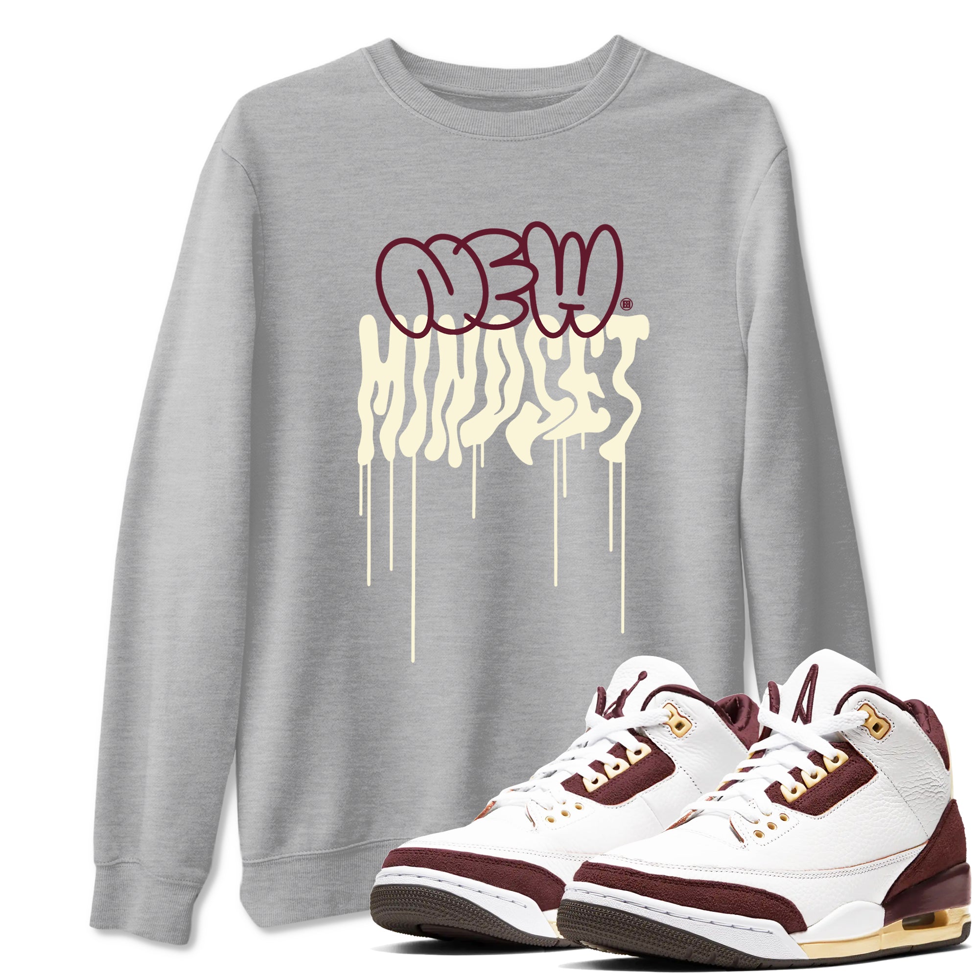 Air Jordan 3 A Ma Maniere x Burgundy Crush shirts to match jordans New Mindset sneaker match tees Jordan 3 A Ma Maniere x Burgundy Crush Sneaker Shirts Drip Gear Zone streetwear brand Heather Grey 1 unisex cotton tee