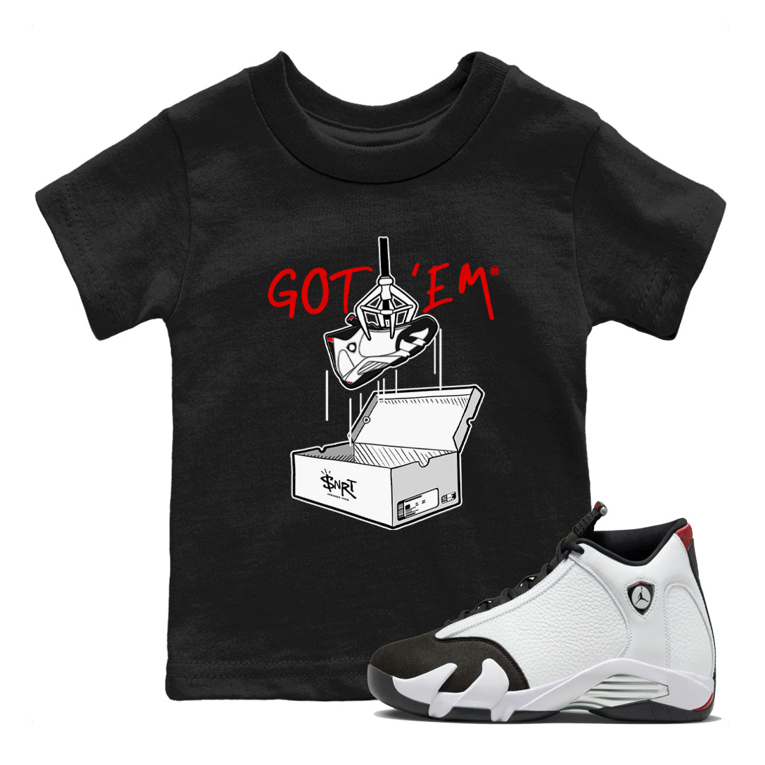 Air Jordan 14 Black Toe t shirts to match sneakers New Treasure Hunter sneaker match tees 14s Black Toe sneaker match tee Drip Gear Zone Youth Baby Black 1 tee