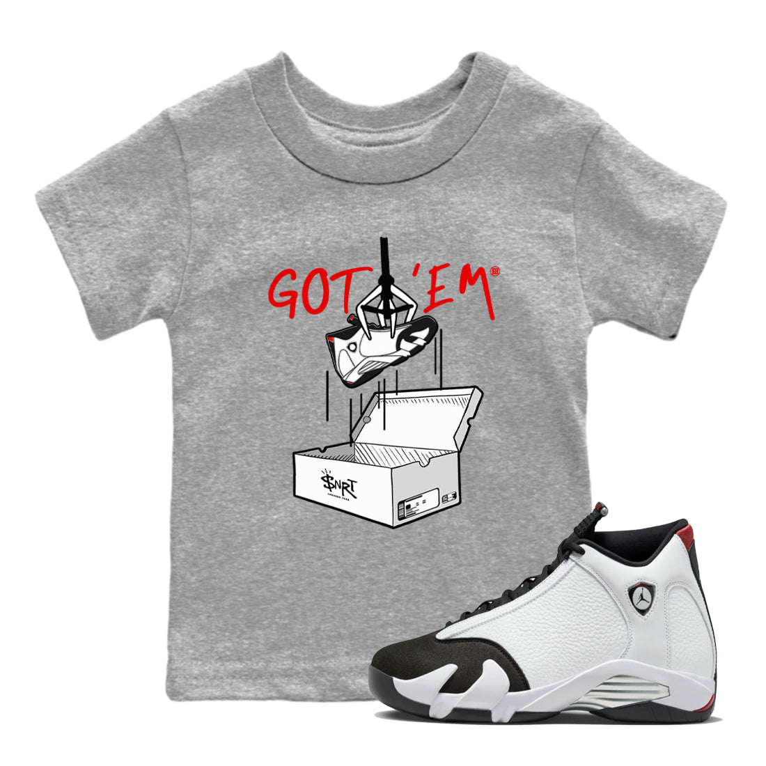 Air Jordan 14 Black Toe t shirts to match sneakers New Treasure Hunter sneaker match tees 14s Black Toe sneaker match tee Drip Gear Zone Youth Baby Heather Grey 1 tee
