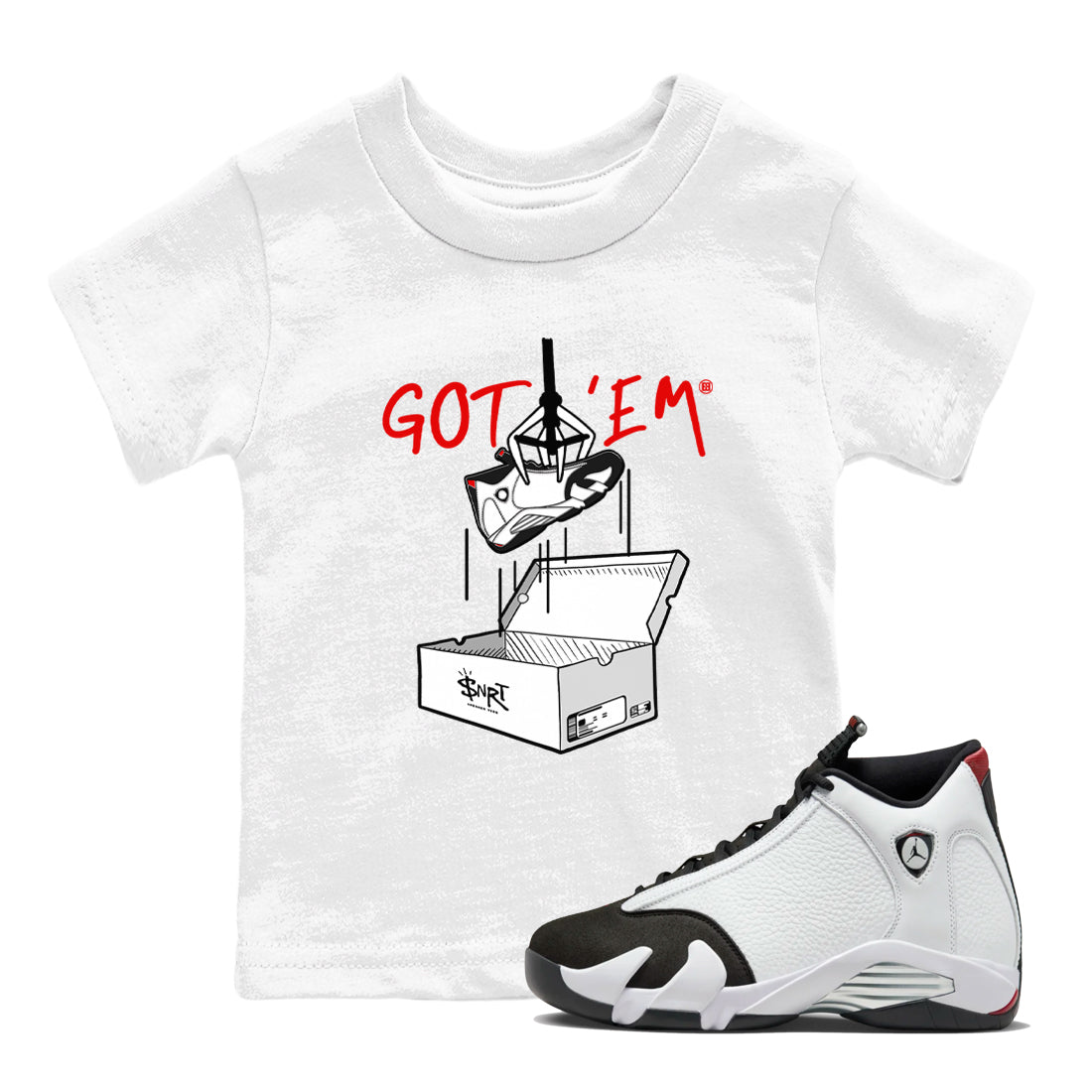 Air Jordan 14 Black Toe t shirts to match sneakers New Treasure Hunter sneaker match tees 14s Black Toe sneaker match tee Drip Gear Zone Youth Baby White 1 tee