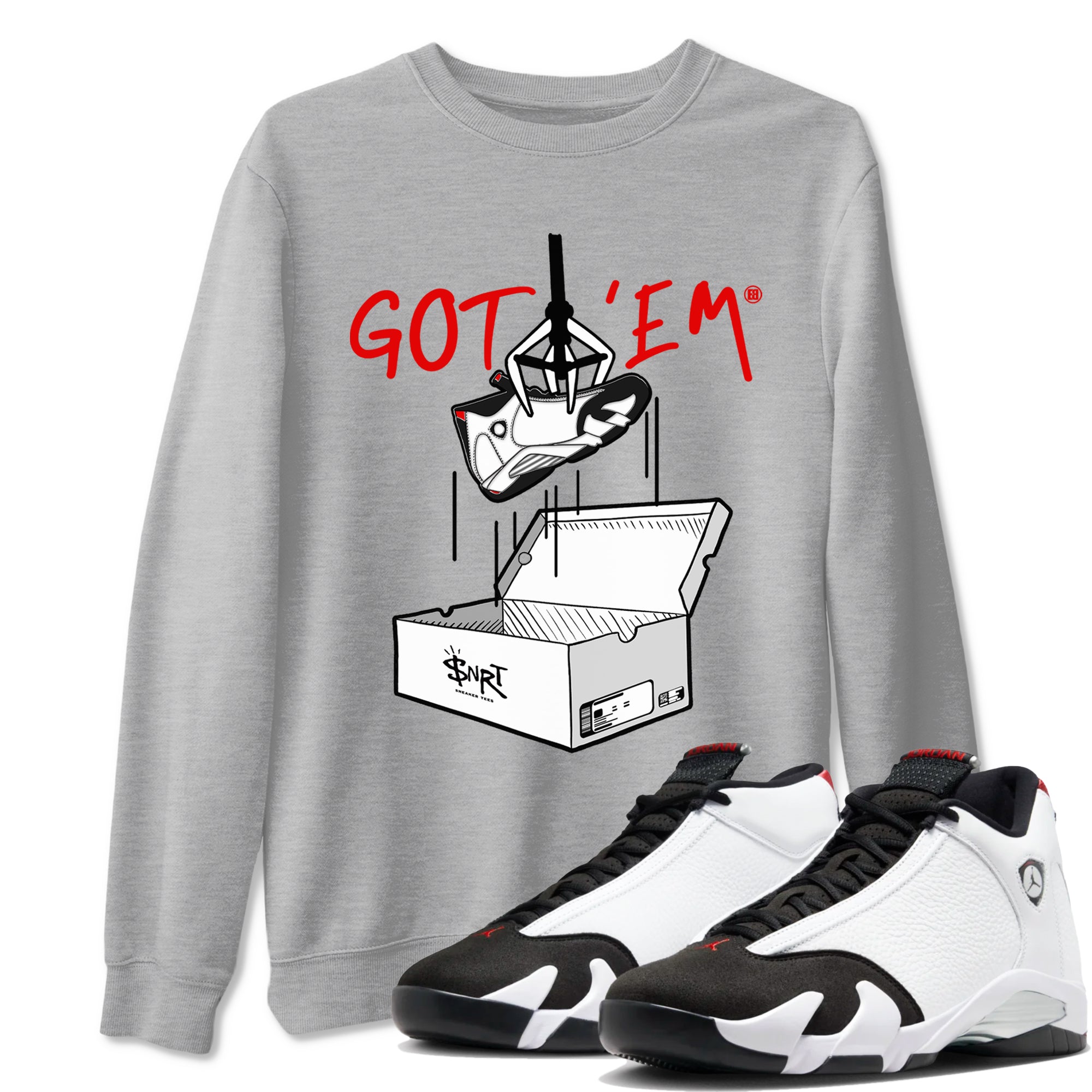 Air Jordan 14 Black Toe t shirts to match sneakers New Treasure Hunter sneaker match tees 14s Black Toe sneaker match tee Drip Gear Zone unisex cotton Heather Grey 1 shirts