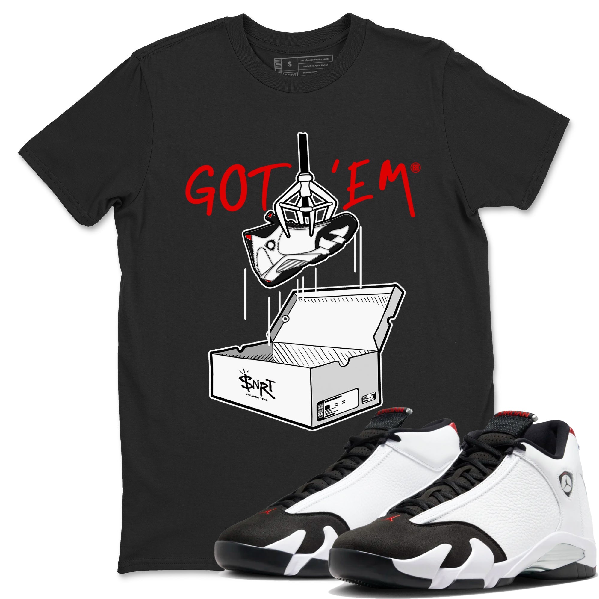 Air Jordan 14 Black Toe t shirts to match sneakers New Treasure Hunter sneaker match tees 14s Black Toe sneaker match tee Drip Gear Zone unisex cotton Black 1 shirts