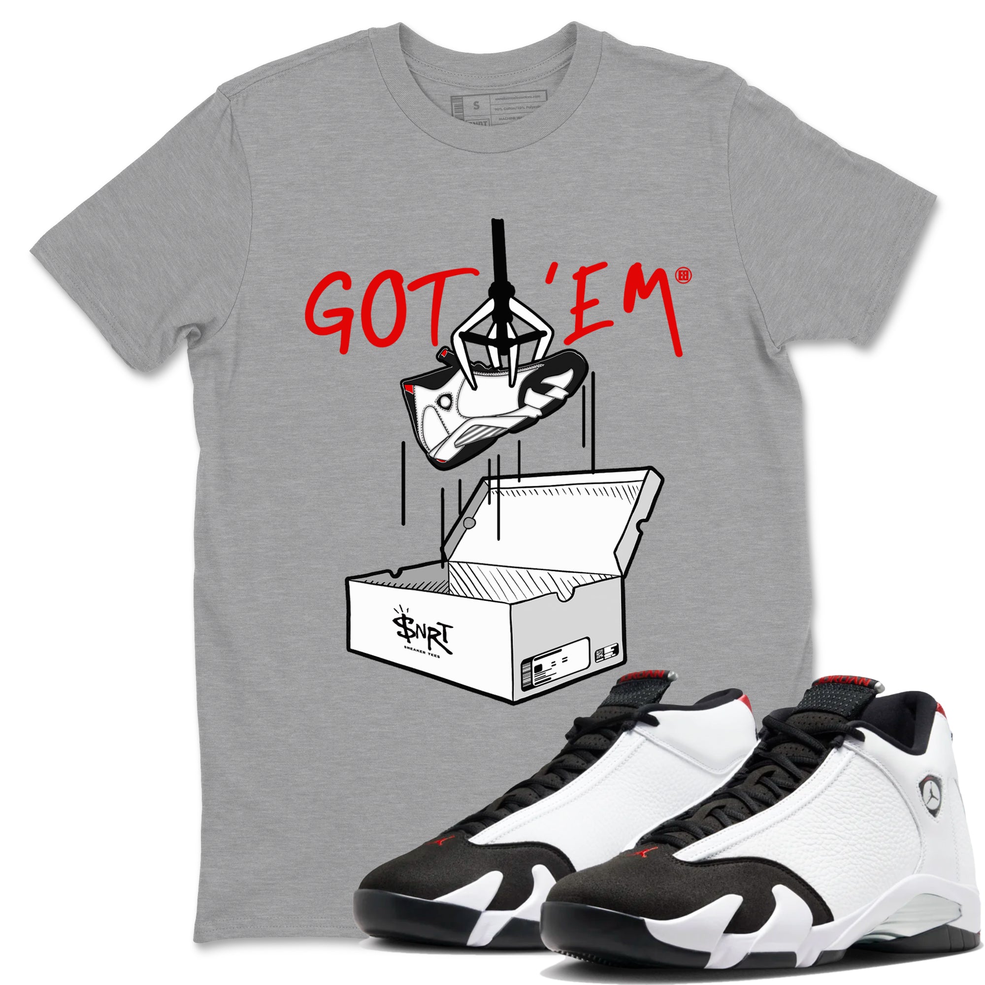 Air Jordan 14 Black Toe t shirts to match sneakers New Treasure Hunter sneaker match tees 14s Black Toe sneaker match tee Drip Gear Zone unisex cotton Heather Grey 1 shirts