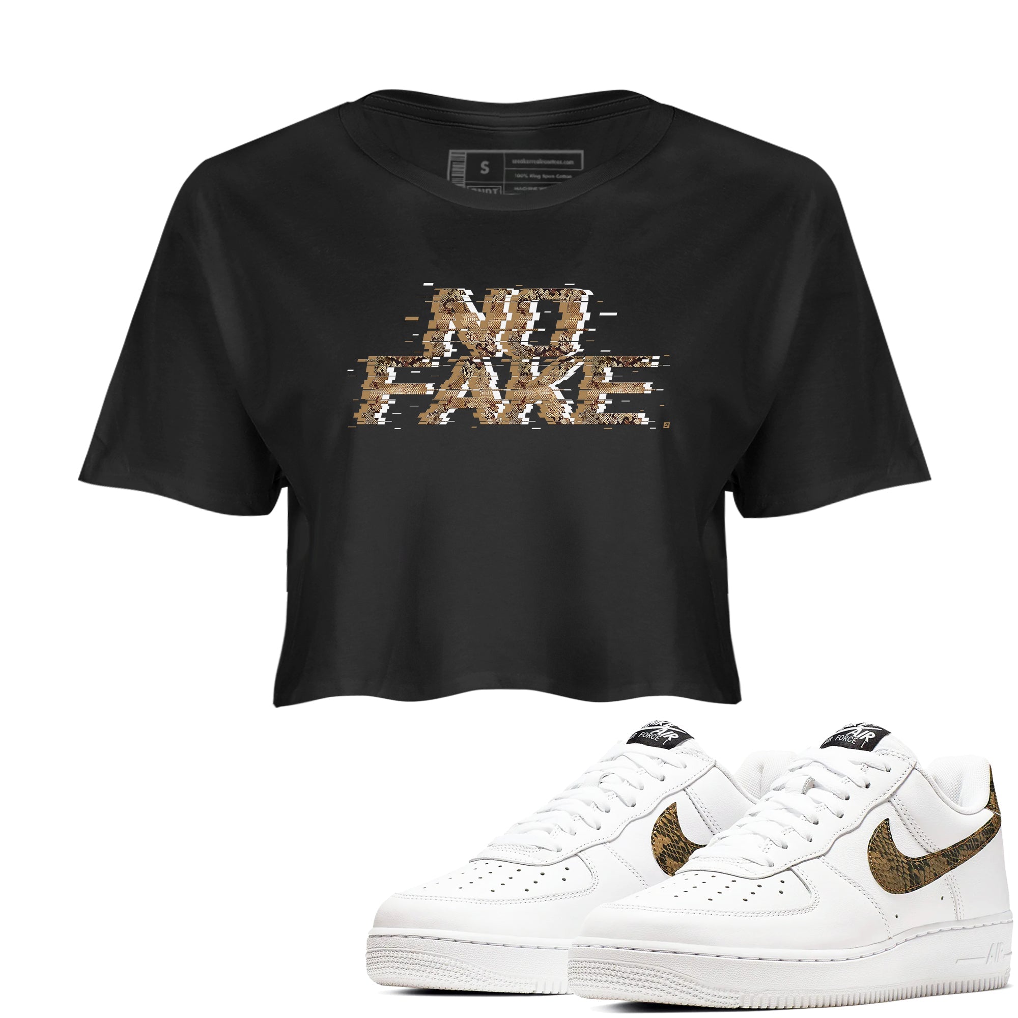 AF1 Ivory Snake shirt to match jordans No Fake Glitch sneaker tees Air Force 1 Ivory Snake Drip Gear Zone Black 1 crop length shirt