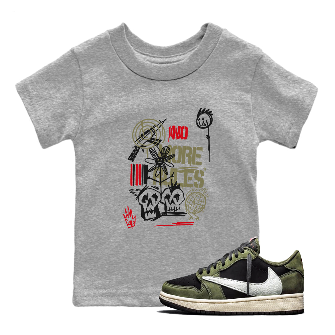 Air Jordan 1 x Travis Scott x Black Olive shirts to match jordans No More Rules sneaker match tees Air Jordan 1 Travis Scott Black Olive Drip Gear Zone streetwear brand Baby and Youth Heather Grey 1 cotton tee