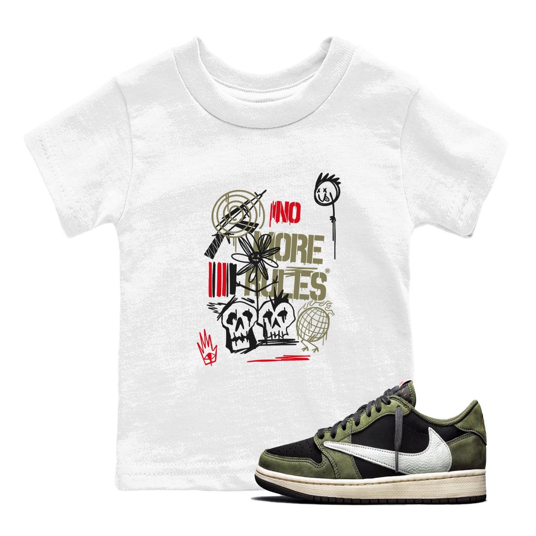 Air Jordan 1 x Travis Scott x Black Olive shirts to match jordans No More Rules sneaker match tees Air Jordan 1 Travis Scott Black Olive Drip Gear Zone streetwear brand Baby and Youth White 1 cotton tee