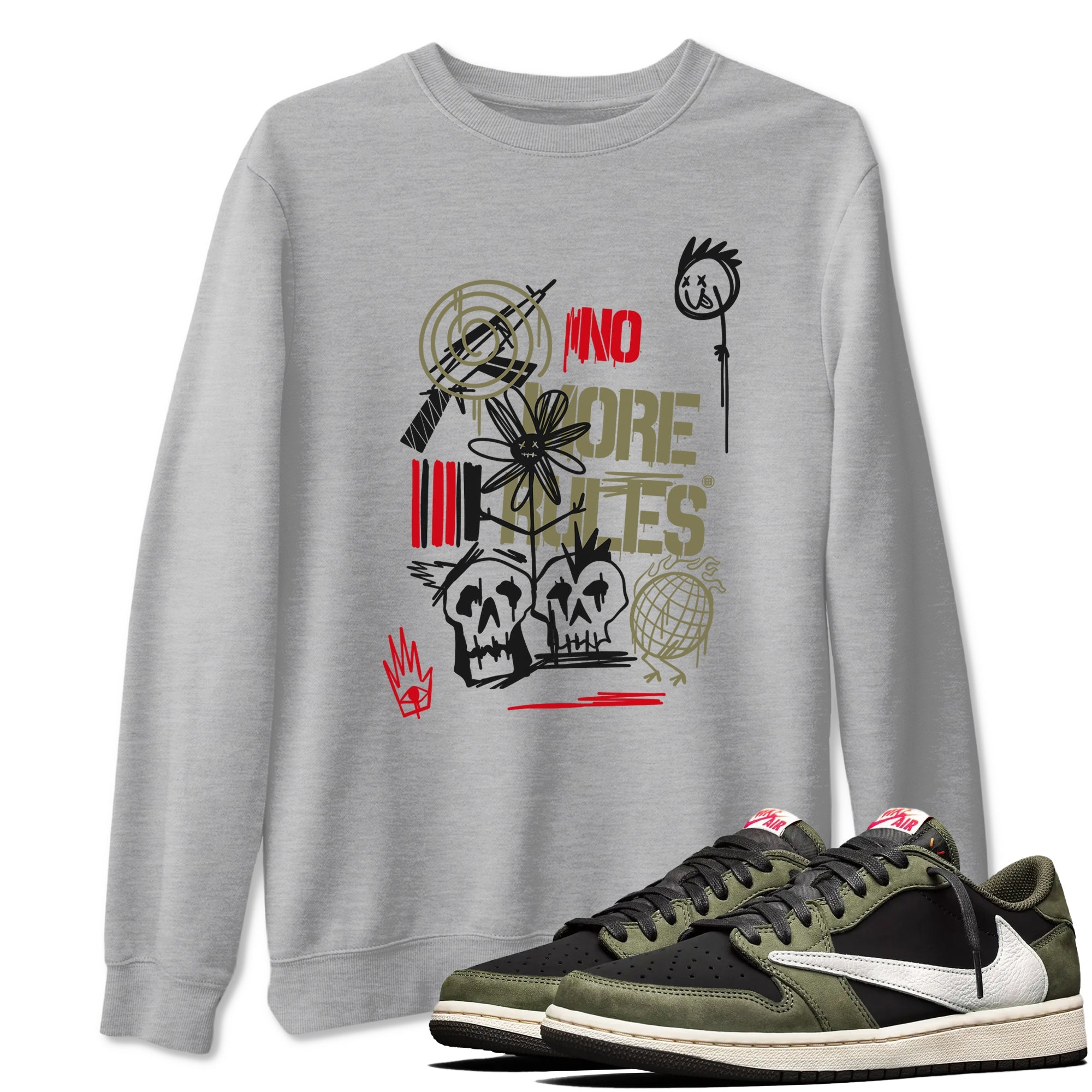 Air Jordan 1 x Travis Scott x Black Olive shirts to match jordans No More Rules sneaker match tees Air Jordan 1 Travis Scott Black Olive Drip Gear Zone streetwear brand Heather Grey 1 unisex cotton tee