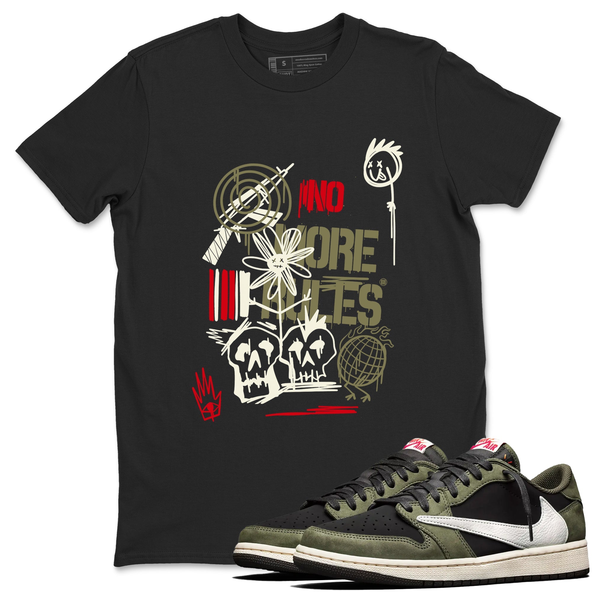 Air Jordan 1 x Travis Scott x Black Olive shirts to match jordans No More Rules sneaker match tees Air Jordan 1 Travis Scott Black Olive Drip Gear Zone streetwear brand Black 1 unisex cotton tee