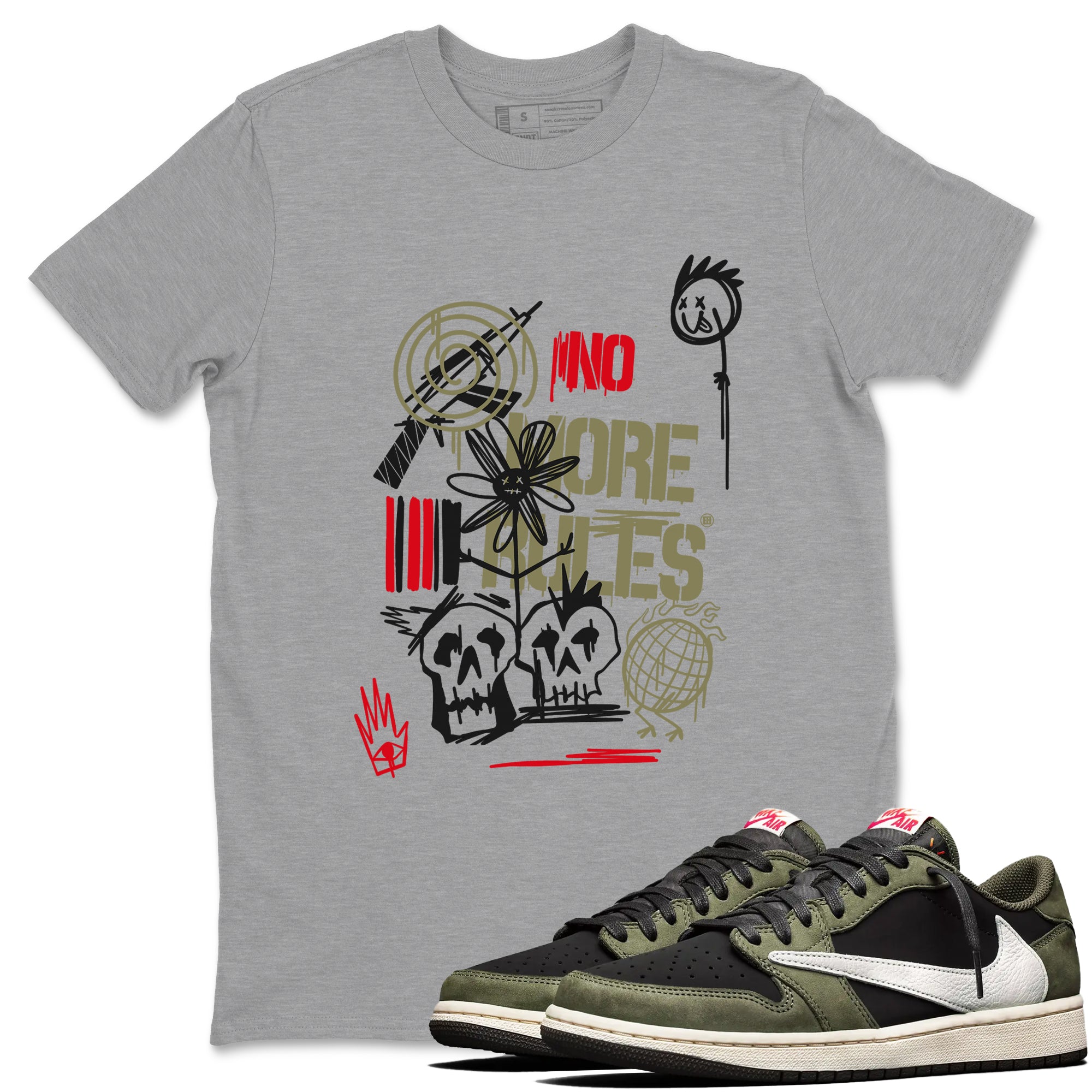 Air Jordan 1 x Travis Scott x Black Olive shirts to match jordans No More Rules sneaker match tees Air Jordan 1 Travis Scott Black Olive Drip Gear Zone streetwear brand Heather Grey 1 unisex cotton tee