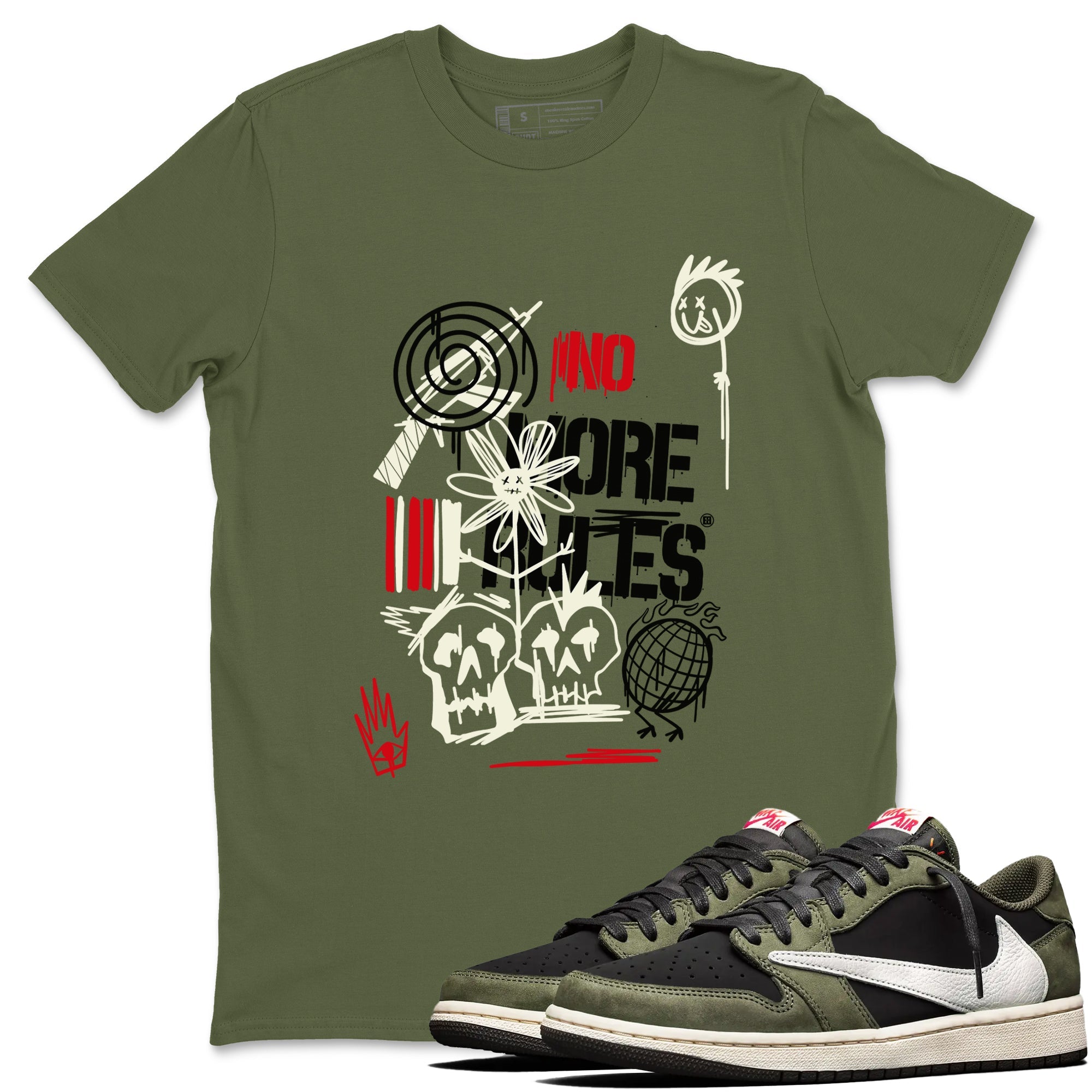 Air Jordan 1 x Travis Scott x Black Olive shirts to match jordans No More Rules sneaker match tees Air Jordan 1 Travis Scott Black Olive Drip Gear Zone streetwear brand Military Green 1 unisex cotton tee