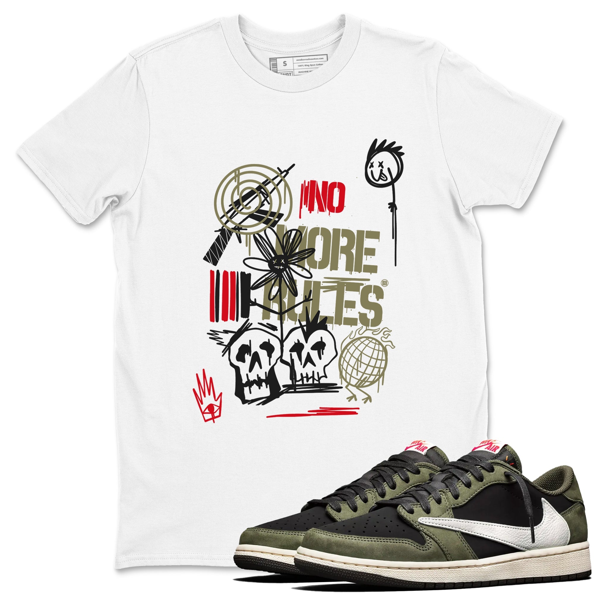 Air Jordan 1 x Travis Scott x Black Olive shirts to match jordans No More Rules sneaker match tees Air Jordan 1 Travis Scott Black Olive Drip Gear Zone streetwear brand White 1 unisex cotton tee