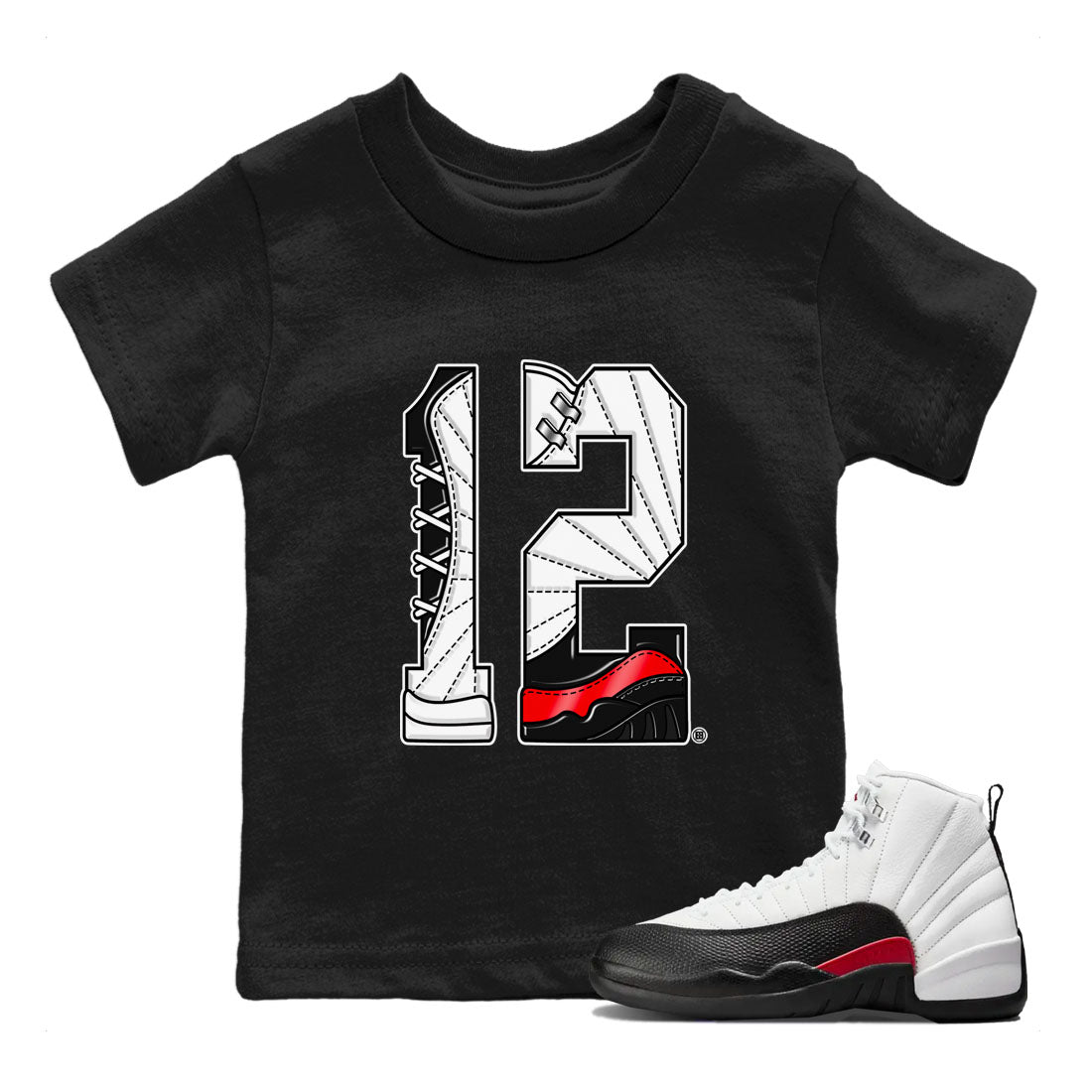 Air Jordan 12 Retro Taxi Flip shirts to match jordans Number 12 sneaker match tees 12s Red Taxi Drip Gear Zone baby toddler Black 1 cotton Shirt