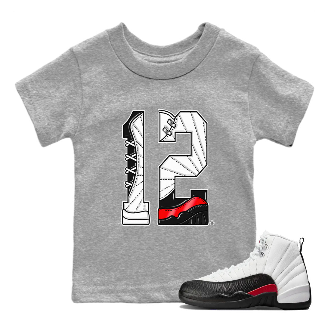 Air Jordan 12 Retro Taxi Flip shirts to match jordans Number 12 sneaker match tees 12s Red Taxi Drip Gear Zone baby toddler Heather Grey 1 cotton Shirt