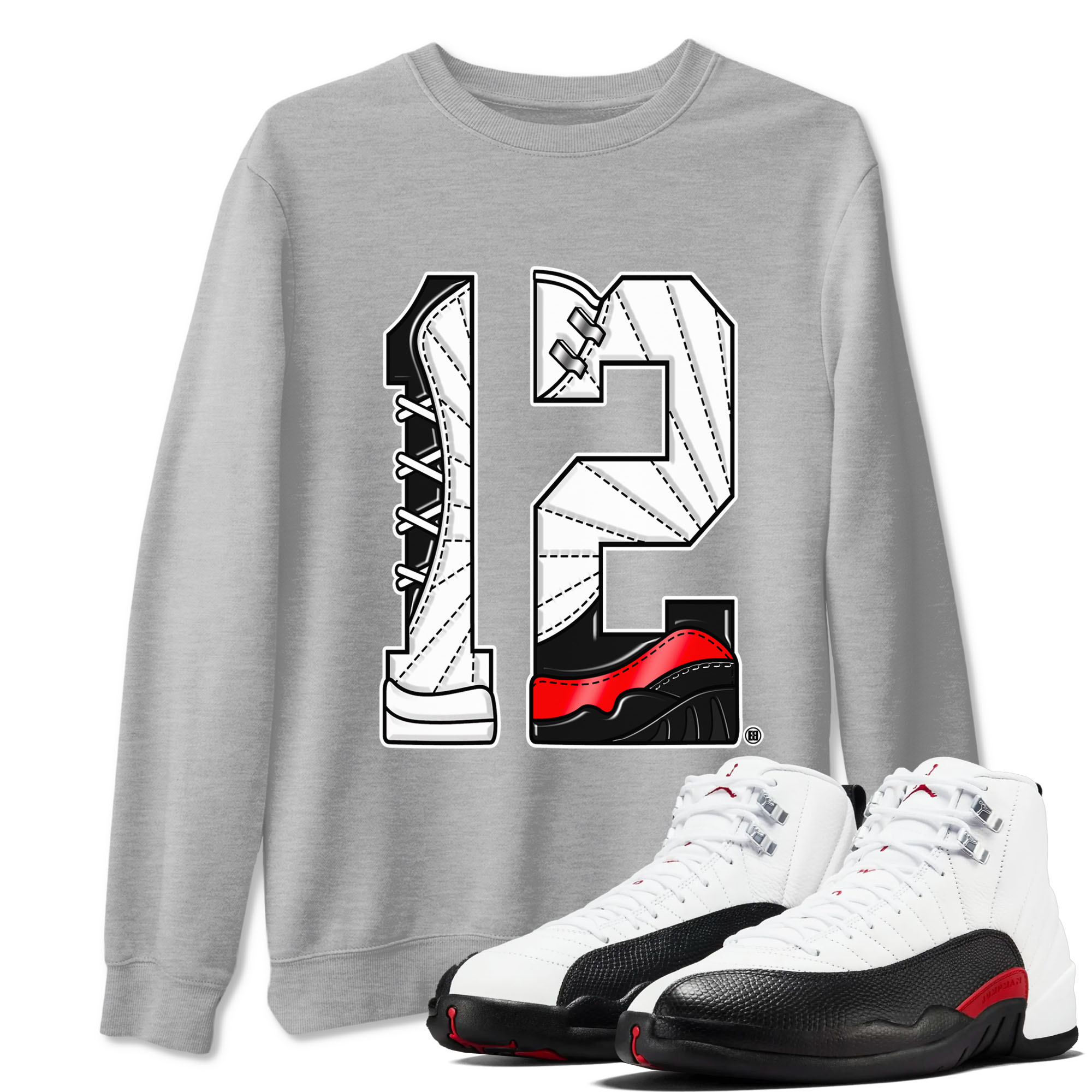 Air Jordan 12 Retro Taxi Flip shirts to match jordans Number 12 sneaker match tees 12s Red Taxi Drip Gear Zone unisex cotton Heather Grey 1 crew neck shirt