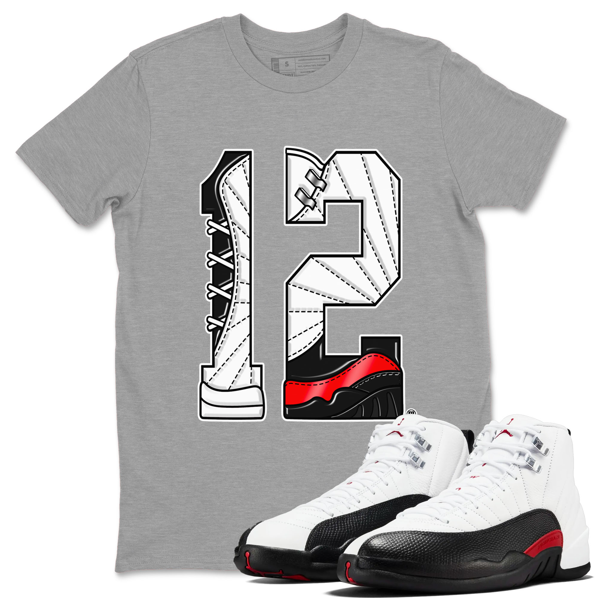 Air Jordan 12 Retro Taxi Flip shirts to match jordans Number 12 sneaker match tees 12s Red Taxi Drip Gear Zone unisex cotton Heather Grey 1 crew neck shirt
