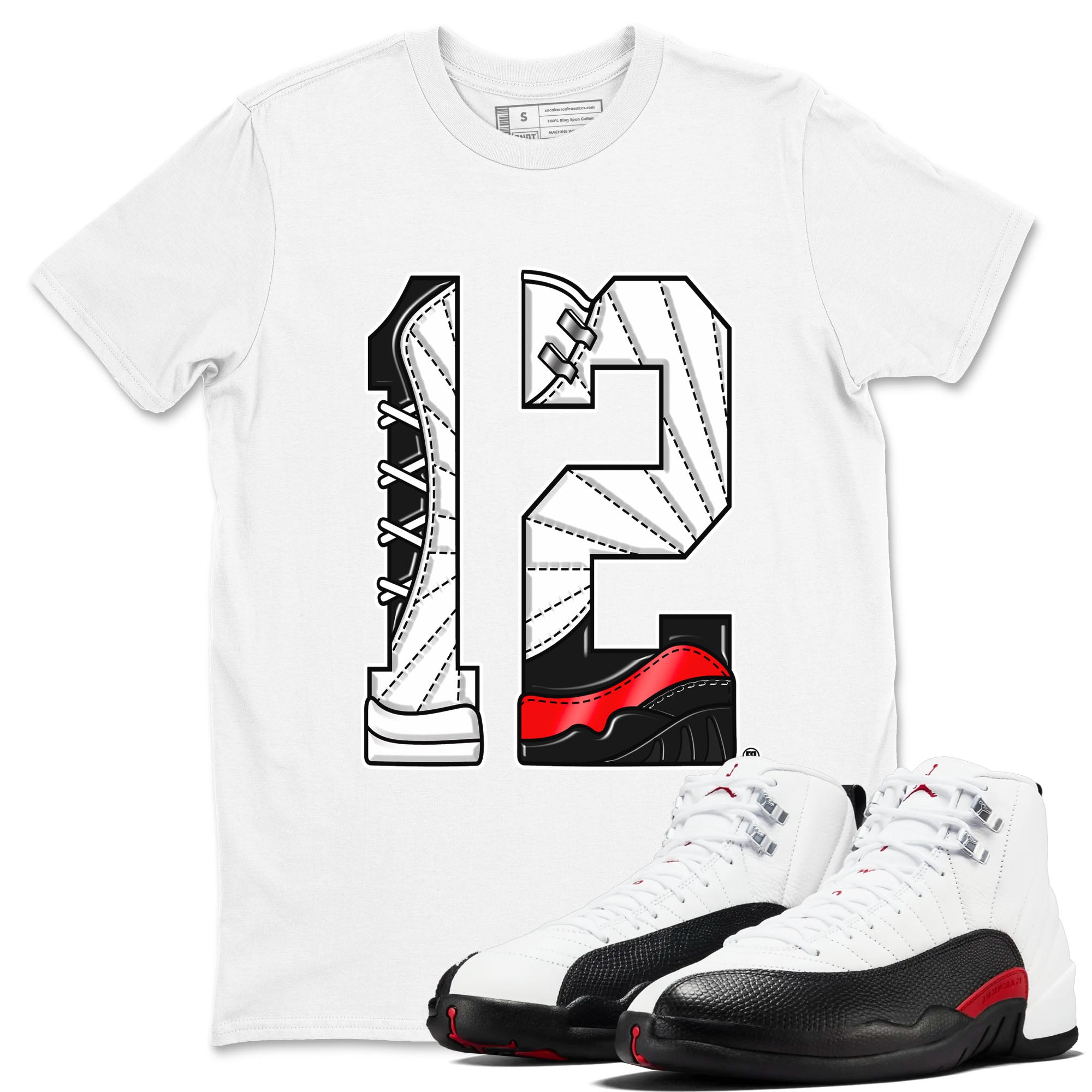 Air Jordan 12 Retro Taxi Flip shirts to match jordans Number 12 sneaker match tees 12s Red Taxi Drip Gear Zone unisex cotton White 1 crew neck shirt