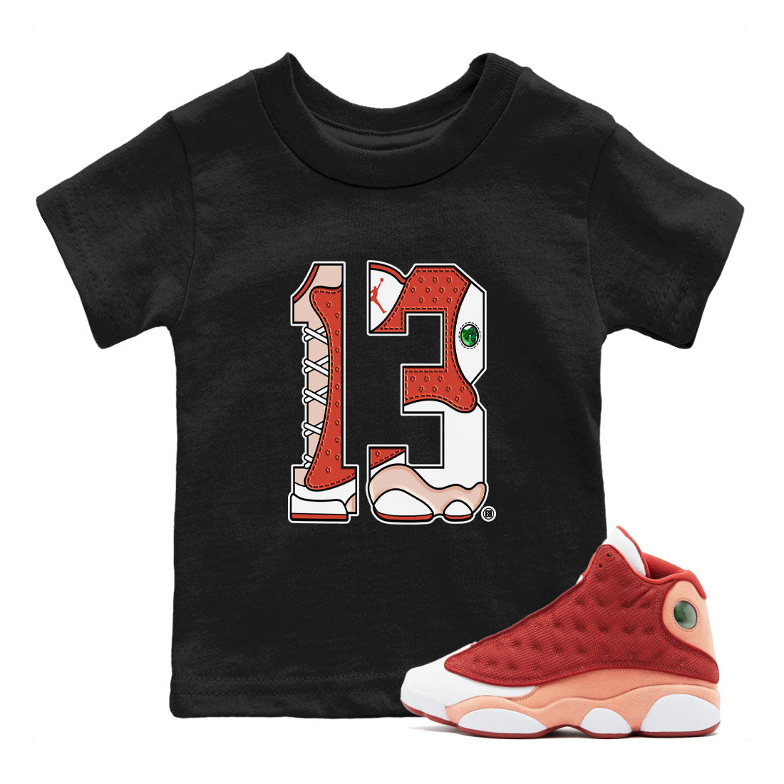 AJ13 Dune Red shirts to match jordans Number 13 sneaker match tees Air Jordan 13 Dune Red Drip Gear Zone streetwear brand Baby and Youth Black 1 cotton tee