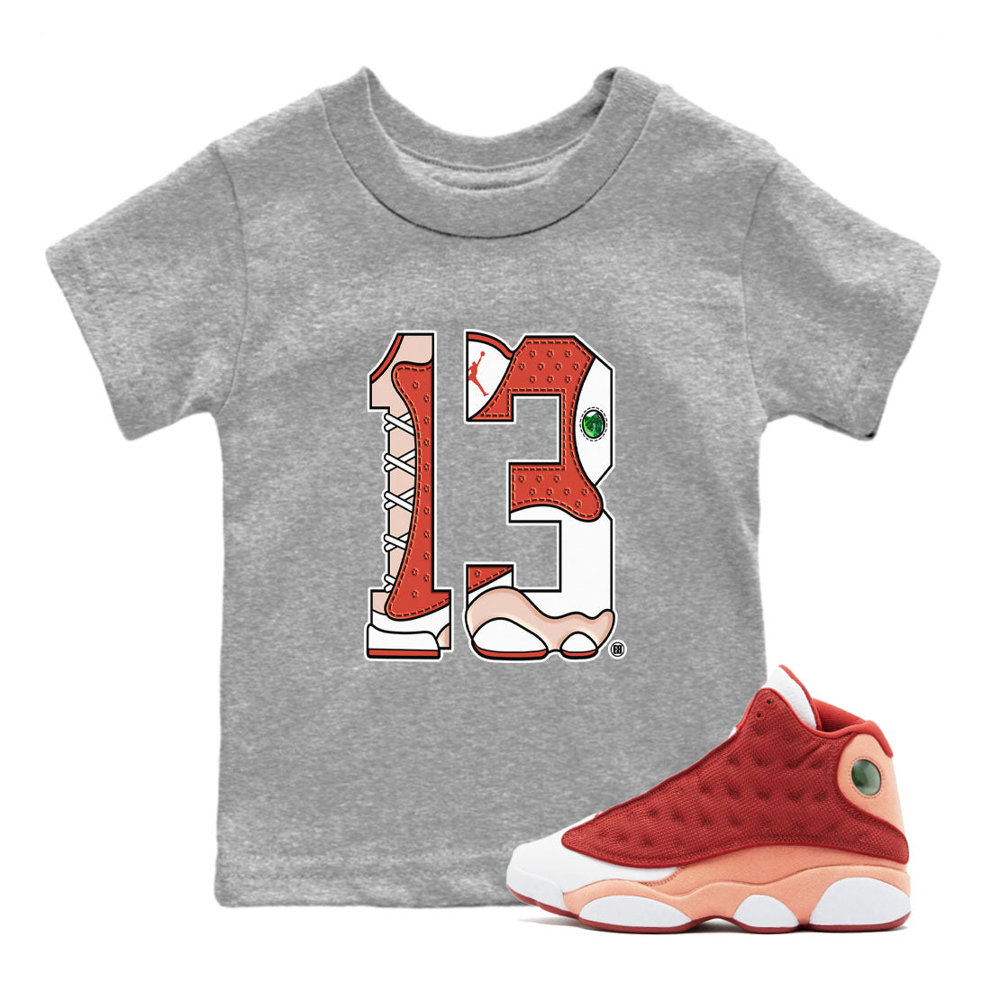 AJ13 Dune Red shirts to match jordans Number 13 sneaker match tees Air Jordan 13 Dune Red Drip Gear Zone streetwear brand Baby and Youth Heather Grey 1 cotton tee