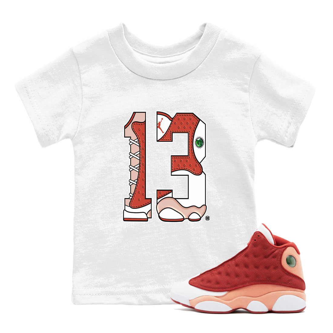 AJ13 Dune Red shirts to match jordans Number 13 sneaker match tees Air Jordan 13 Dune Red Drip Gear Zone streetwear brand Baby and Youth White 1 cotton tee