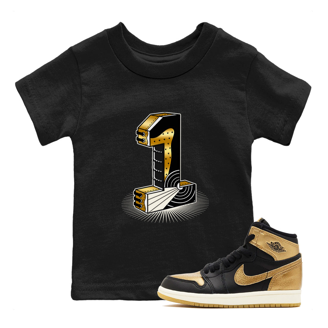Air Jordan 1 High OG Black Metallic Gold shirts to match jordans Number Statue sneaker match tees Jordan 1 Black Metallic Gold Drip Gear Zone streetwear brand Baby and Youth Black 1 cotton tee