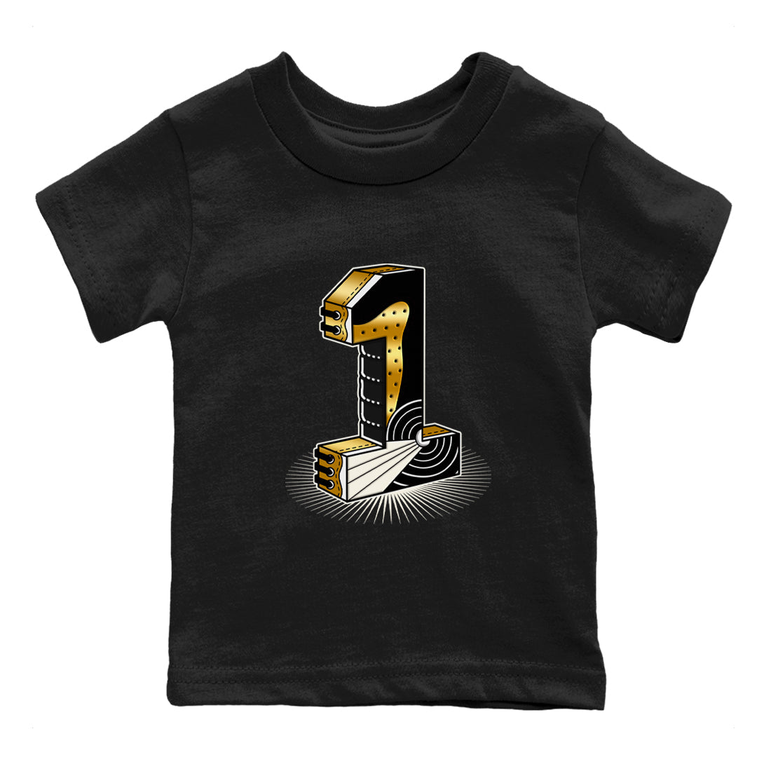 Air Jordan 1 High OG Black Metallic Gold shirts to match jordans Number Statue sneaker match tees Jordan 1 Black Metallic Gold Drip Gear Zone streetwear brand Baby and Youth Black 2 cotton tee