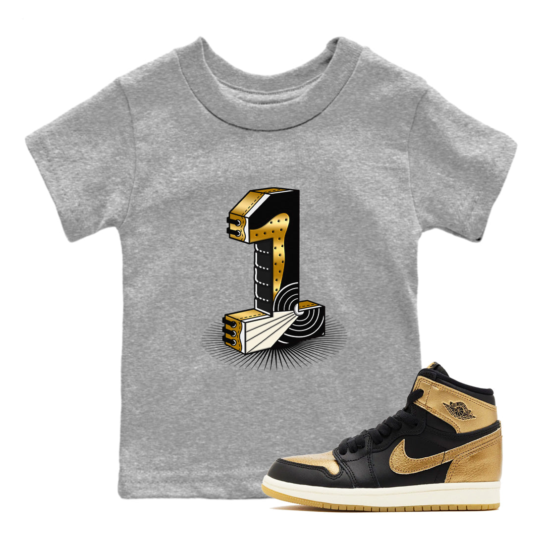 Air Jordan 1 High OG Black Metallic Gold shirts to match jordans Number Statue sneaker match tees Jordan 1 Black Metallic Gold Drip Gear Zone streetwear brand Baby and Youth Heather Grey 1 cotton tee