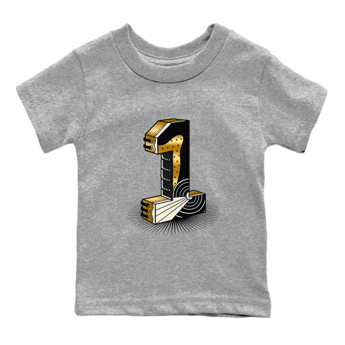 Air Jordan 1 High OG Black Metallic Gold shirts to match jordans Number Statue sneaker match tees Jordan 1 Black Metallic Gold Drip Gear Zone streetwear brand Baby and Youth Heather Grey 2 cotton tee