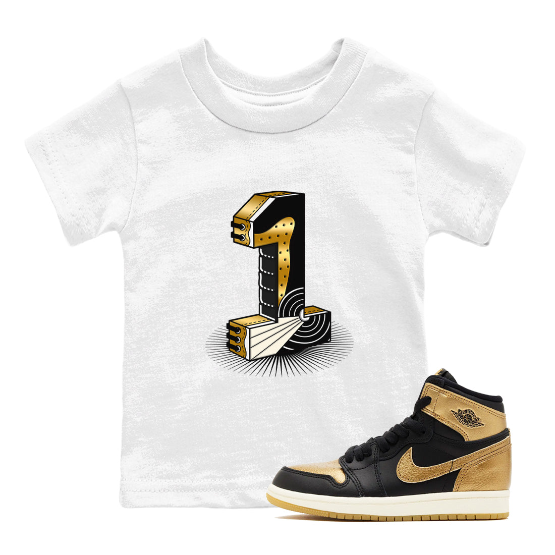 Air Jordan 1 High OG Black Metallic Gold shirts to match jordans Number Statue sneaker match tees Jordan 1 Black Metallic Gold Drip Gear Zone streetwear brand Baby and Youth White 1 cotton tee