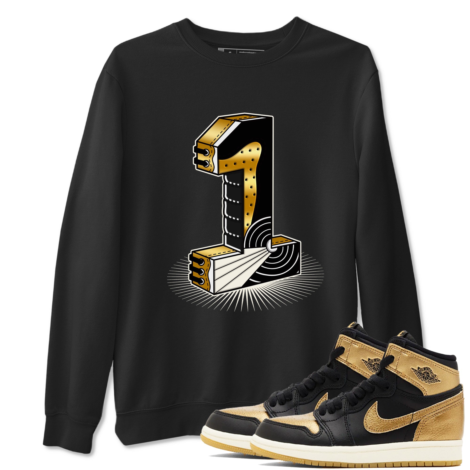 Air Jordan 1 High OG Black Metallic Gold shirts to match jordans Number Statue sneaker match tees Jordan 1 Black Metallic Gold Drip Gear Zone streetwear brand Black 1 unisex cotton tee