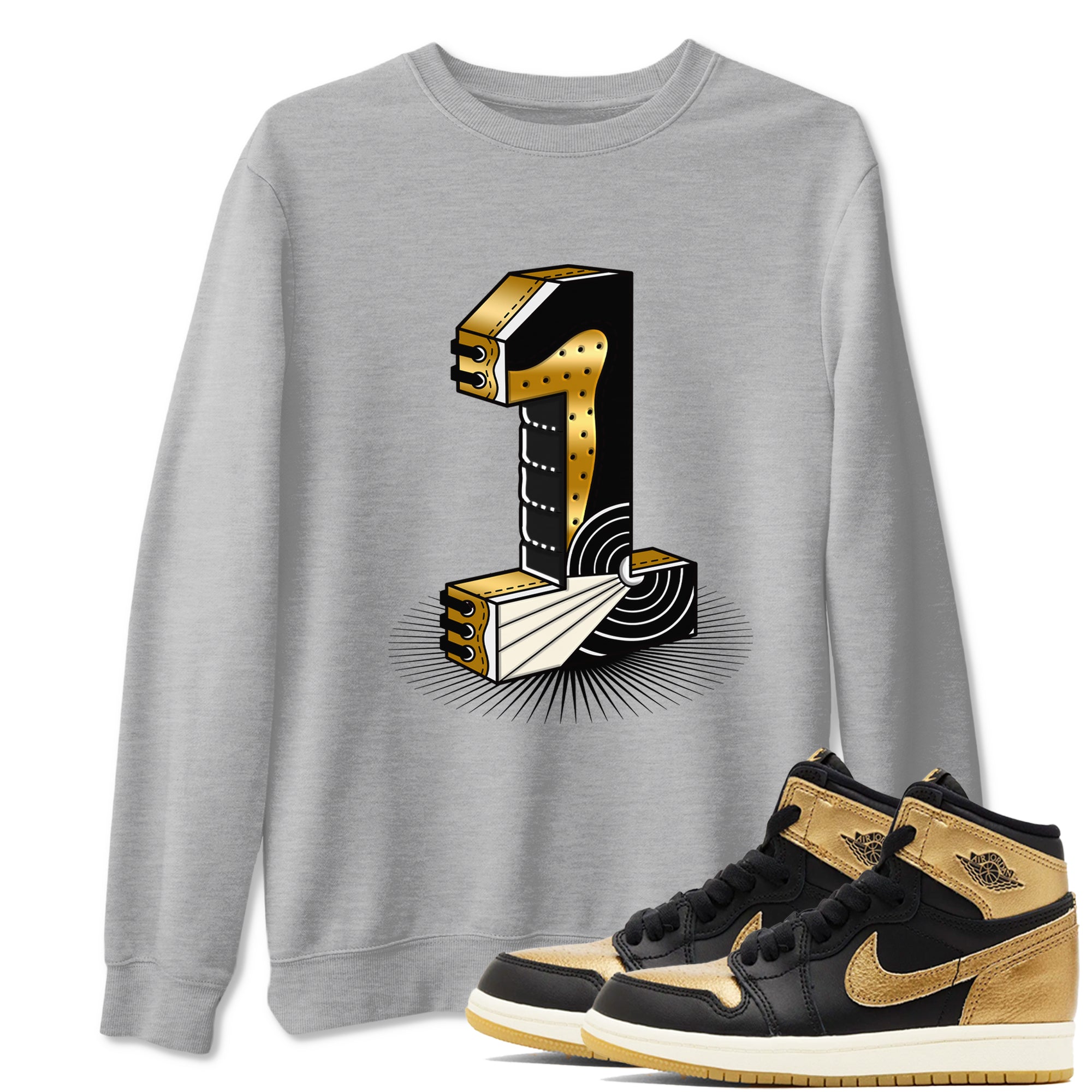 Air Jordan 1 High OG Black Metallic Gold shirts to match jordans Number Statue sneaker match tees Jordan 1 Black Metallic Gold Drip Gear Zone streetwear brand Heather Grey 1 unisex cotton tee