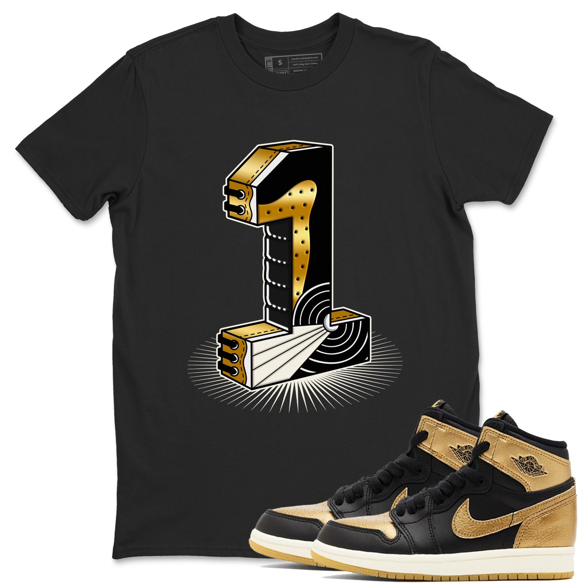 Air Jordan 1 High OG Black Metallic Gold shirts to match jordans Number Statue sneaker match tees Jordan 1 Black Metallic Gold Drip Gear Zone streetwear brand Black 1 unisex cotton tee