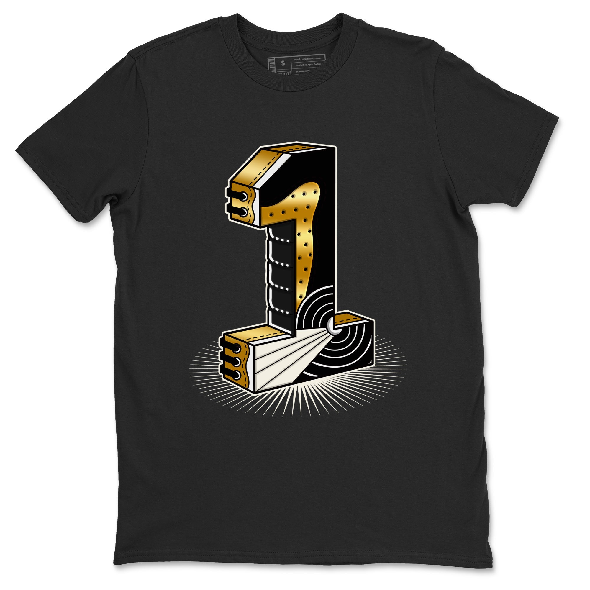 Air Jordan 1 High OG Black Metallic Gold shirts to match jordans Number Statue sneaker match tees Jordan 1 Black Metallic Gold Drip Gear Zone streetwear brand Black 2 unisex cotton tee