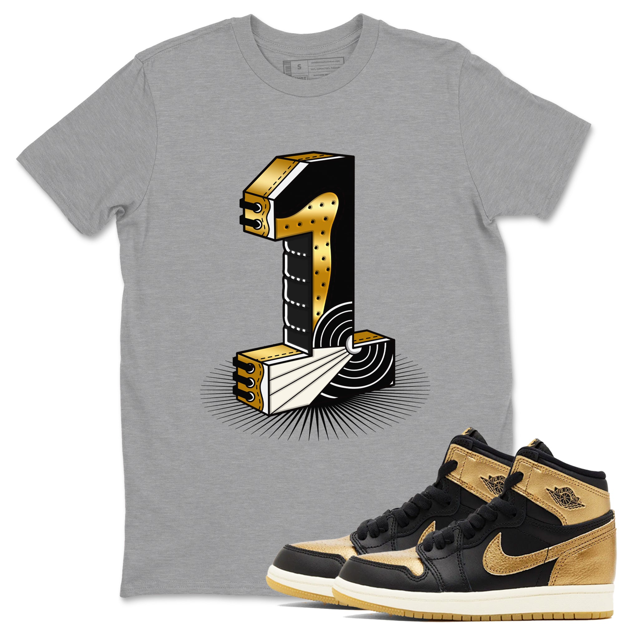 Air Jordan 1 High OG Black Metallic Gold shirts to match jordans Number Statue sneaker match tees Jordan 1 Black Metallic Gold Drip Gear Zone streetwear brand Heather Grey 1 unisex cotton tee