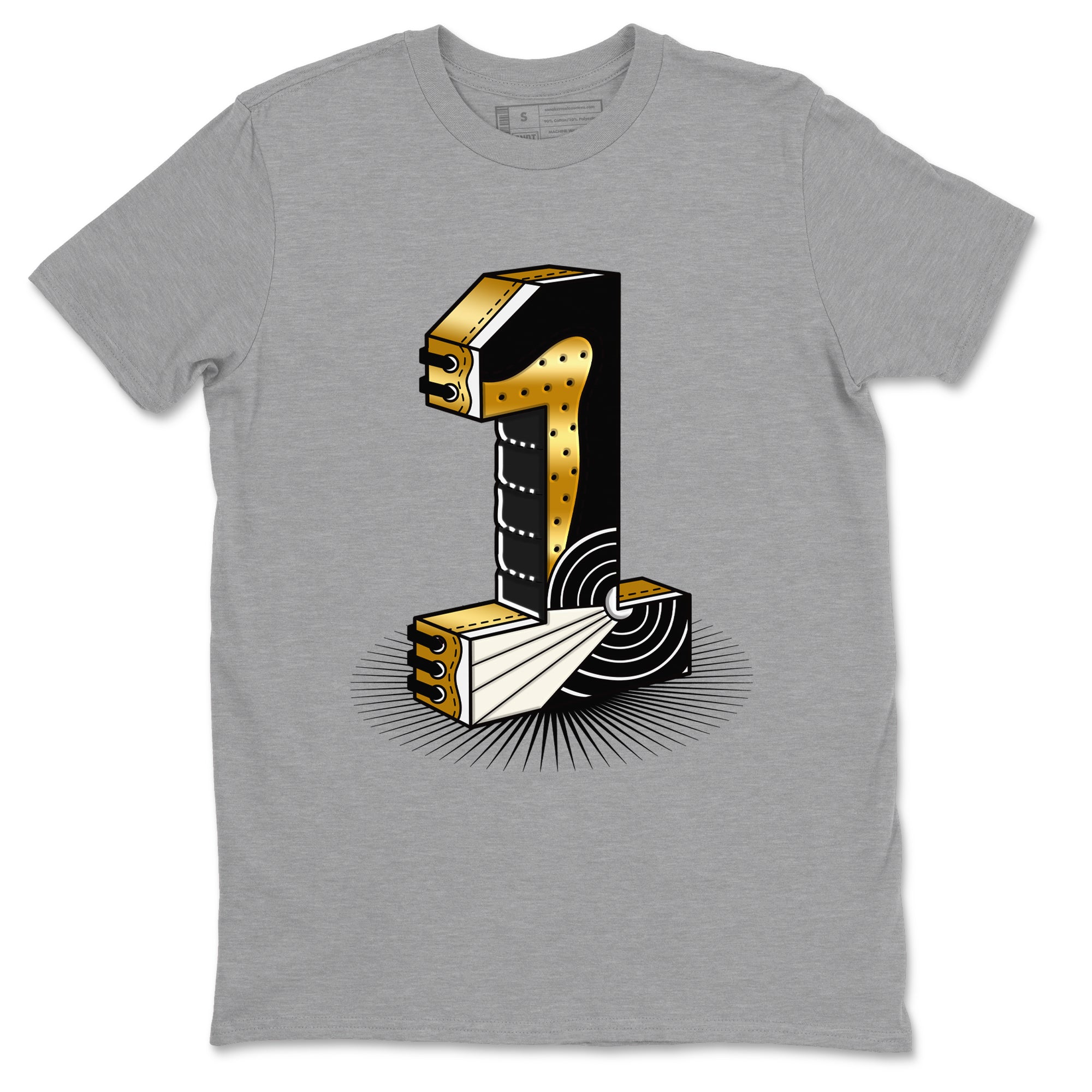 Air Jordan 1 High OG Black Metallic Gold shirts to match jordans Number Statue sneaker match tees Jordan 1 Black Metallic Gold Drip Gear Zone streetwear brand Heather Grey 2 unisex cotton tee