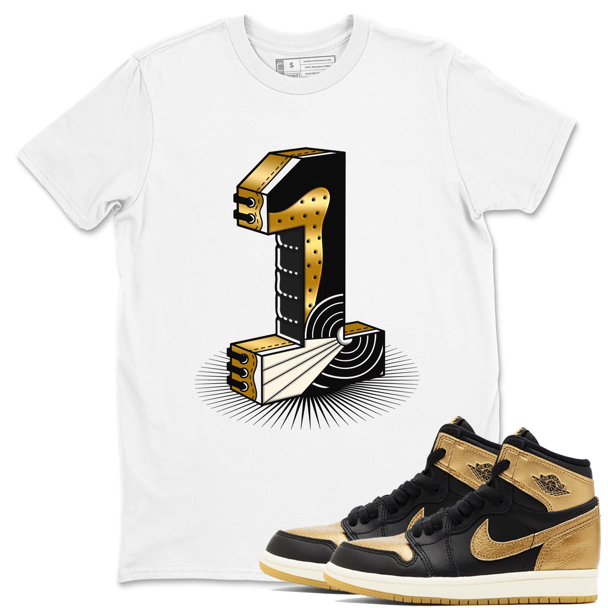 Air Jordan 1 High OG Black Metallic Gold shirts to match jordans Number Statue sneaker match tees Jordan 1 Black Metallic Gold Drip Gear Zone streetwear brand White 1 unisex cotton tee