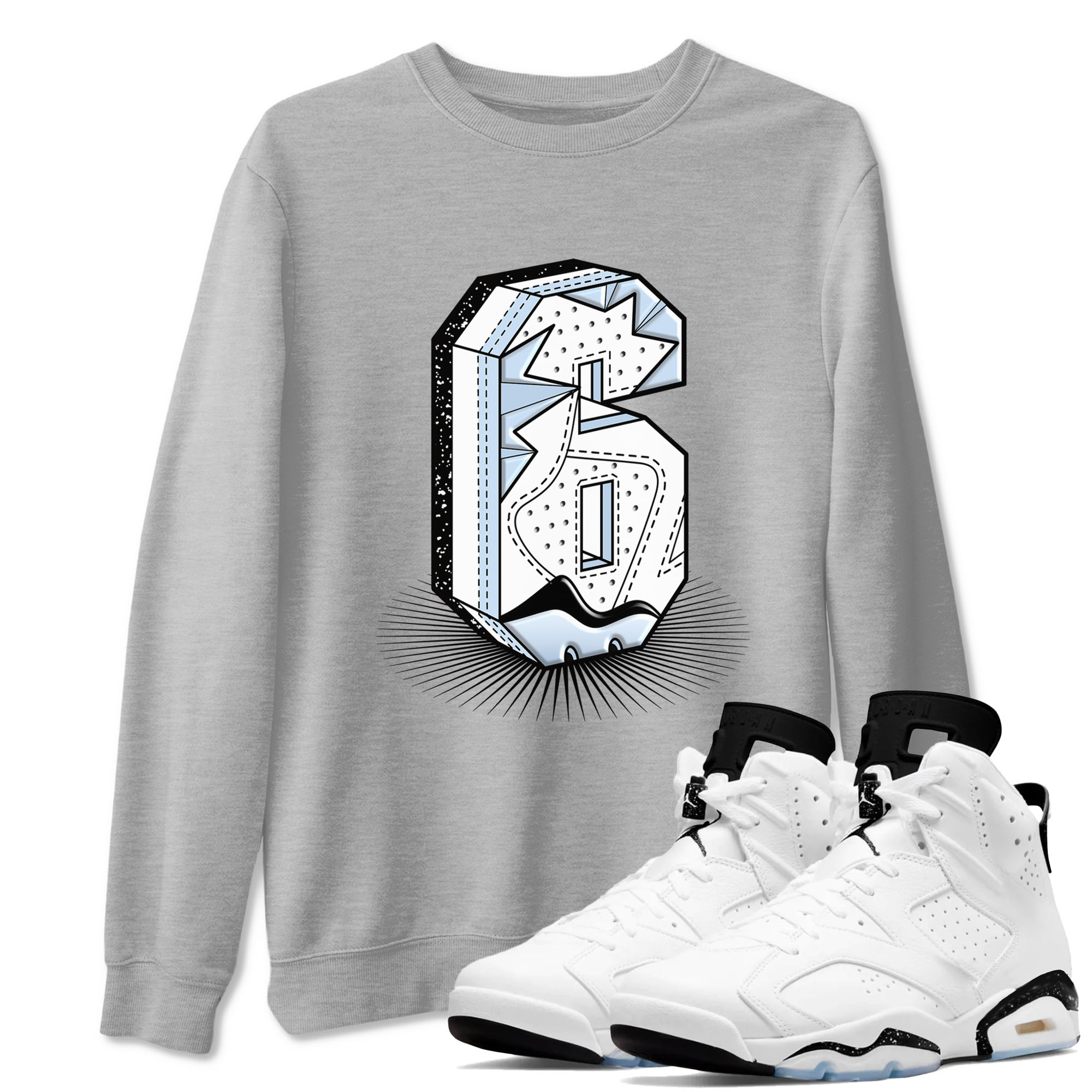 6s White Black shirt to match jordans Number Statue sneaker tees Air Jordan 6 White Black Drip Gear Zone unisex cotton Heather Grey 1 crew neck shirt