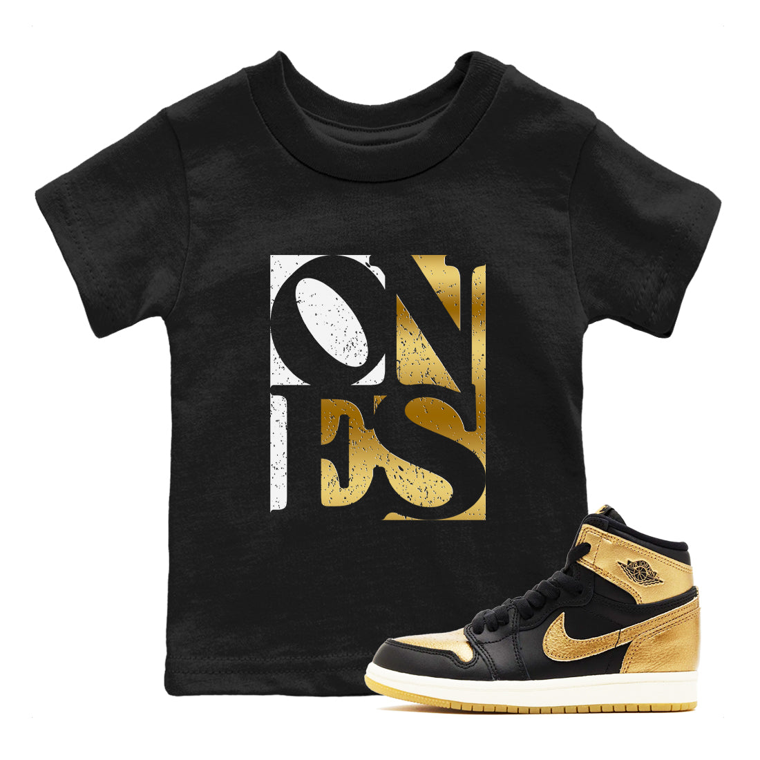 Air Jordan 1 High OG Black Metallic Gold shirts to match jordans Ones sneaker match tees Air Jordan 1 Retrp Black Metallic Gold Sneaker Shirts Drip Gear Zone streetwear brand Baby and Youth Black 1 cotton tee