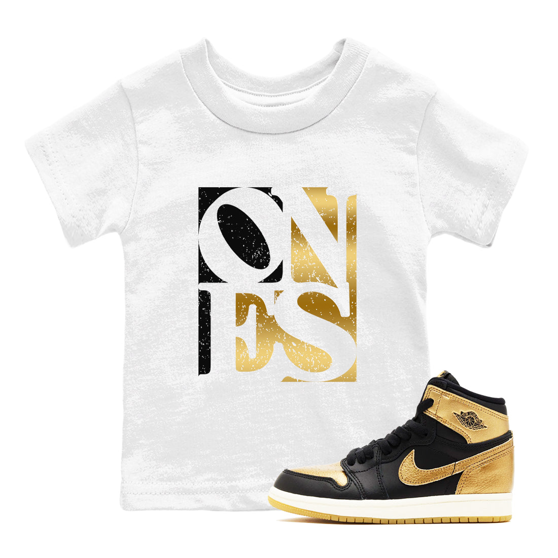 Air Jordan 1 High OG Black Metallic Gold shirts to match jordans Ones sneaker match tees Air Jordan 1 Retrp Black Metallic Gold Sneaker Shirts Drip Gear Zone streetwear brand Baby and Youth White 1 cotton tee