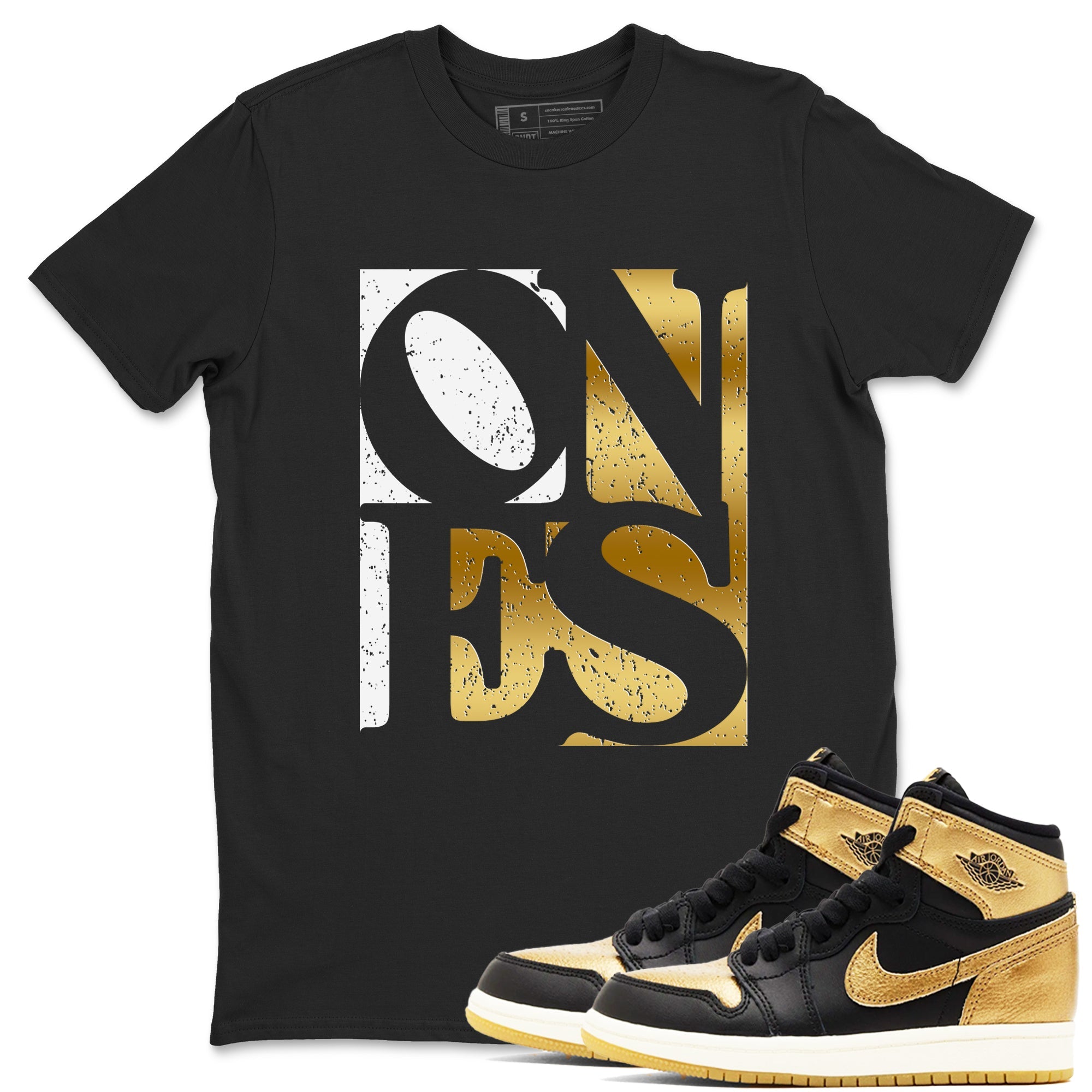 Air Jordan 1 High OG Black Metallic Gold shirts to match jordans Ones sneaker match tees Air Jordan 1 Retrp Black Metallic Gold Sneaker Shirts Drip Gear Zone streetwear brand Black 1 unisex cotton tee