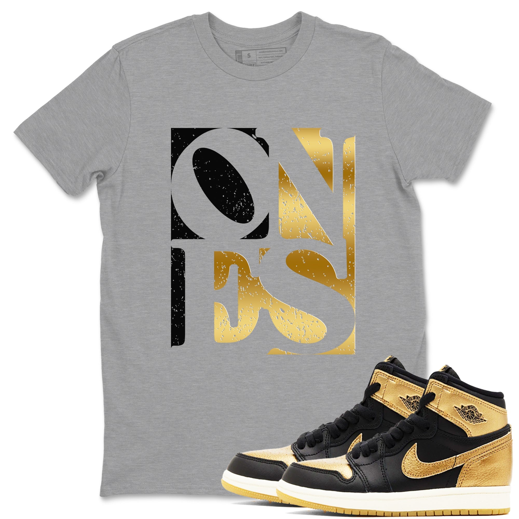 Air Jordan 1 High OG Black Metallic Gold shirts to match jordans Ones sneaker match tees Air Jordan 1 Retrp Black Metallic Gold Sneaker Shirts Drip Gear Zone streetwear brand Heather Grey 1 unisex cotton tee
