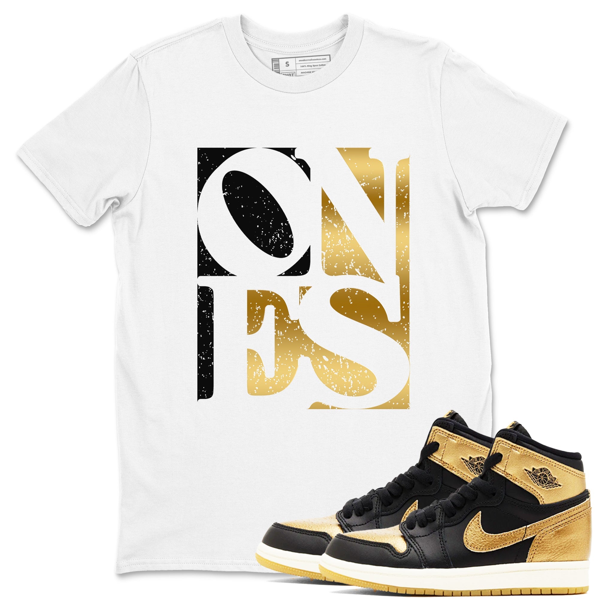 Air Jordan 1 High OG Black Metallic Gold shirts to match jordans Ones sneaker match tees Air Jordan 1 Retrp Black Metallic Gold Sneaker Shirts Drip Gear Zone streetwear brand White 1 unisex cotton tee