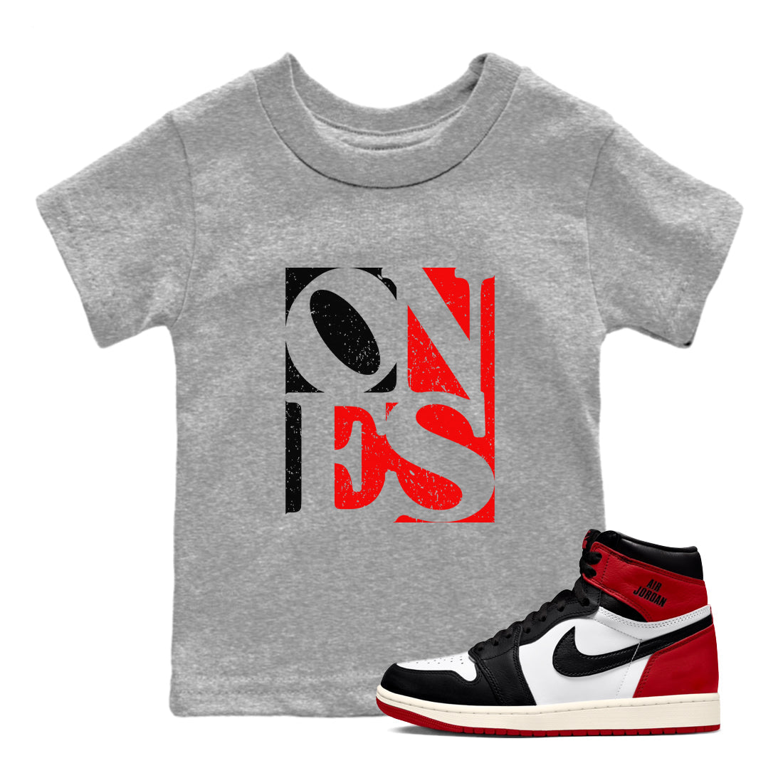 Air Jordan 1 High OG Black Toe Reimagined shirts to match jordans Ones sneaker match tees 1s Black Toe Reimagined Sneaker Shirts Drip Gear Zone streetwear brand Baby and Youth Heather Grey 1 cotton tee