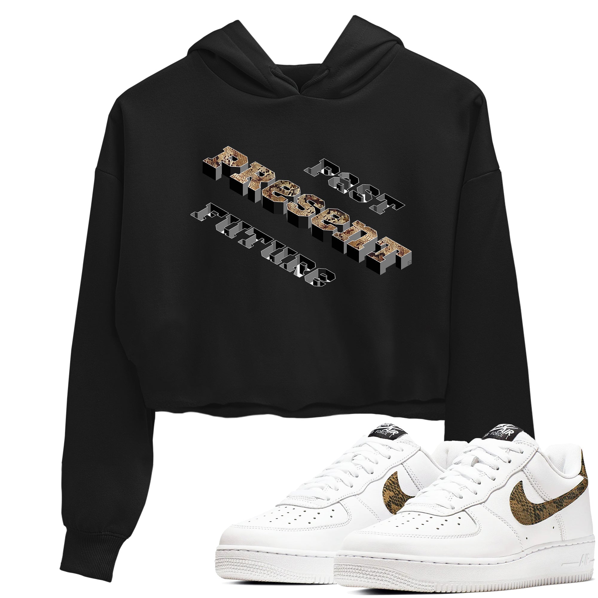 AF1 Ivory Snake shirt to match jordans Past Present Future sneaker tees Air Force 1 Ivory Snake Drip Gear Zone Black 1 crop length shirt