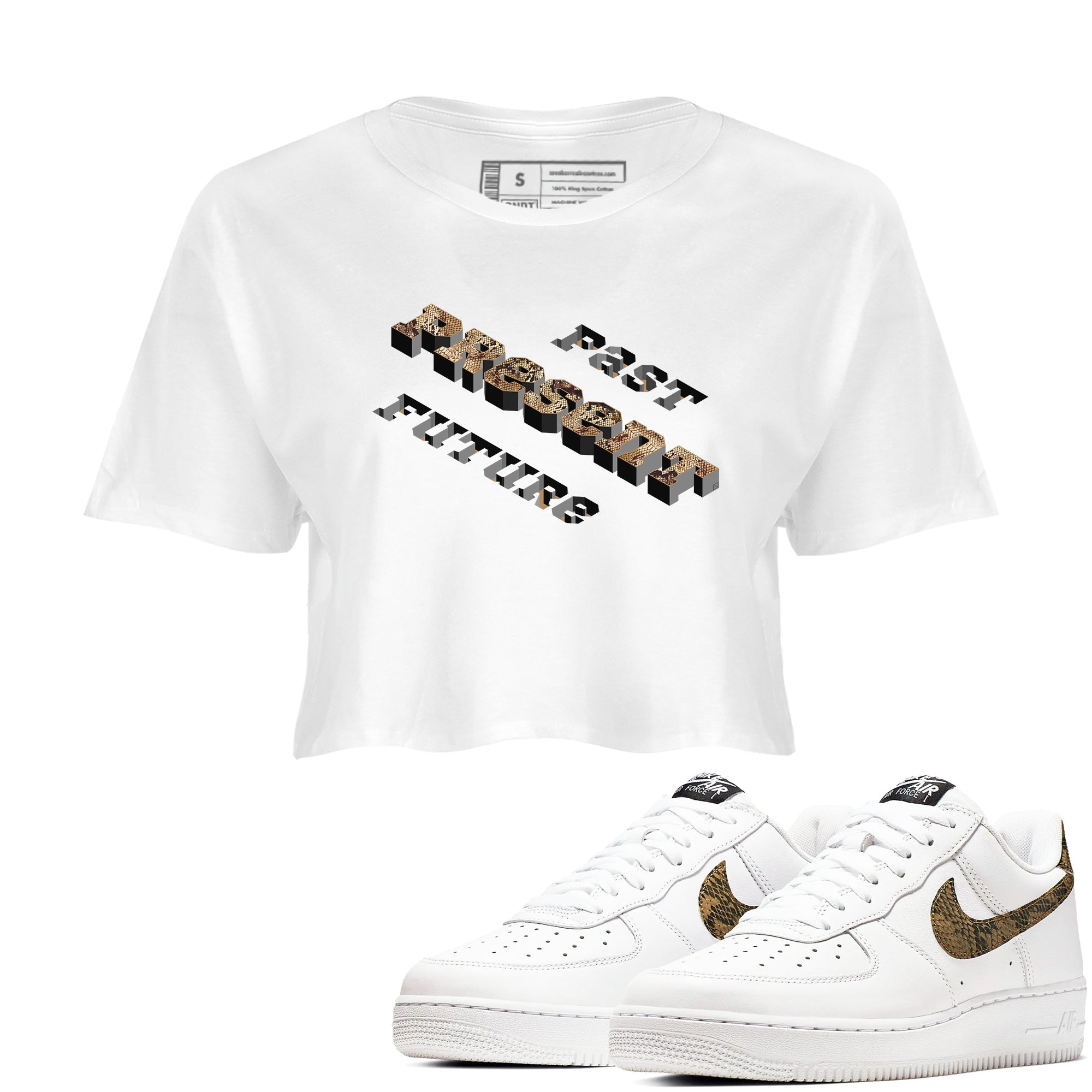 AF1 Ivory Snake shirt to match jordans Past Present Future sneaker tees Air Force 1 Ivory Snake Drip Gear Zone White 1 crop length shirt